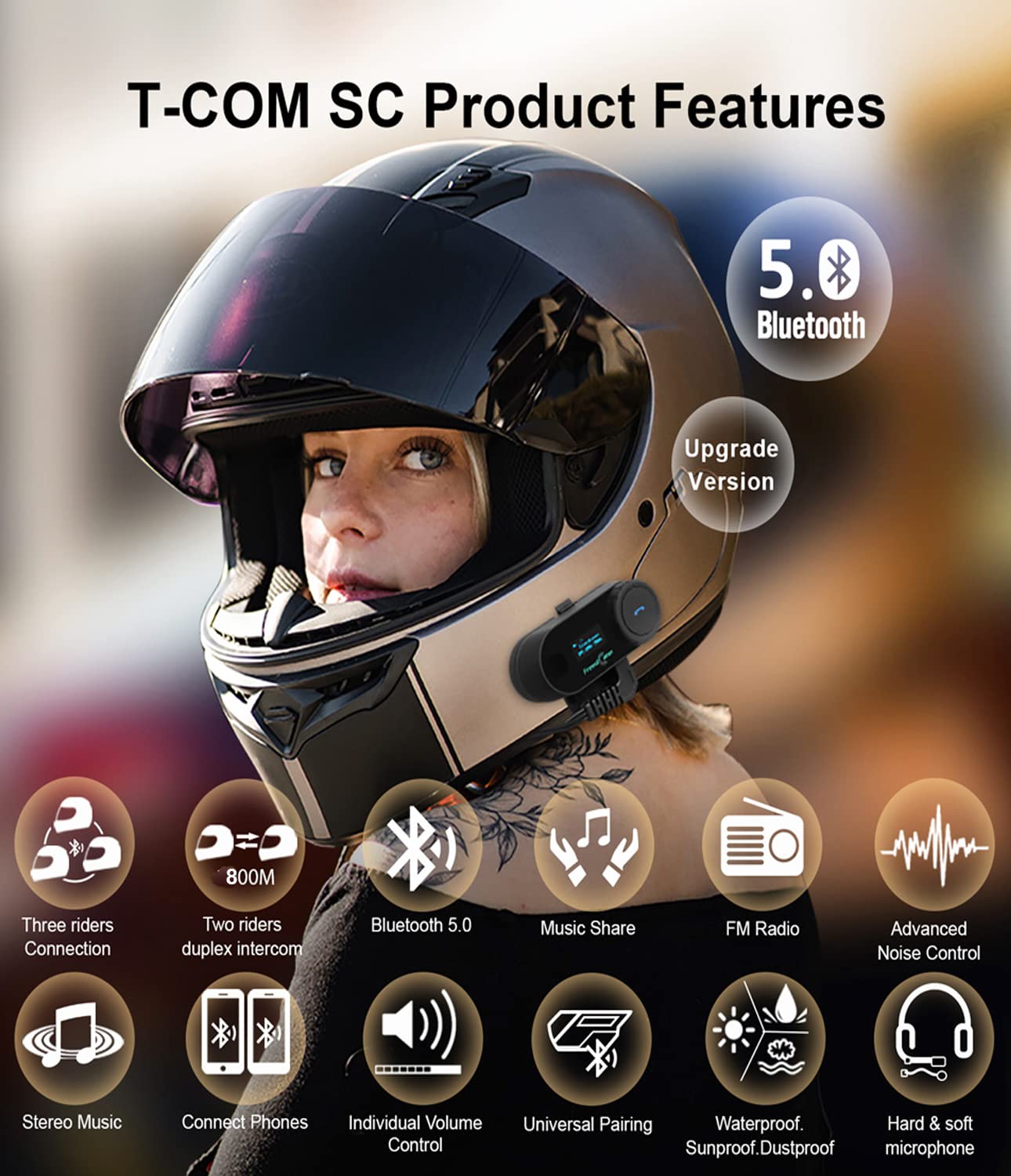 Freedconn Motorcycle Bluetooth Headset, 800M 2-Way Interphone Bluetooth Motorcycle Headset Tcom-Sc, Waterproof Intercom,Helmet C