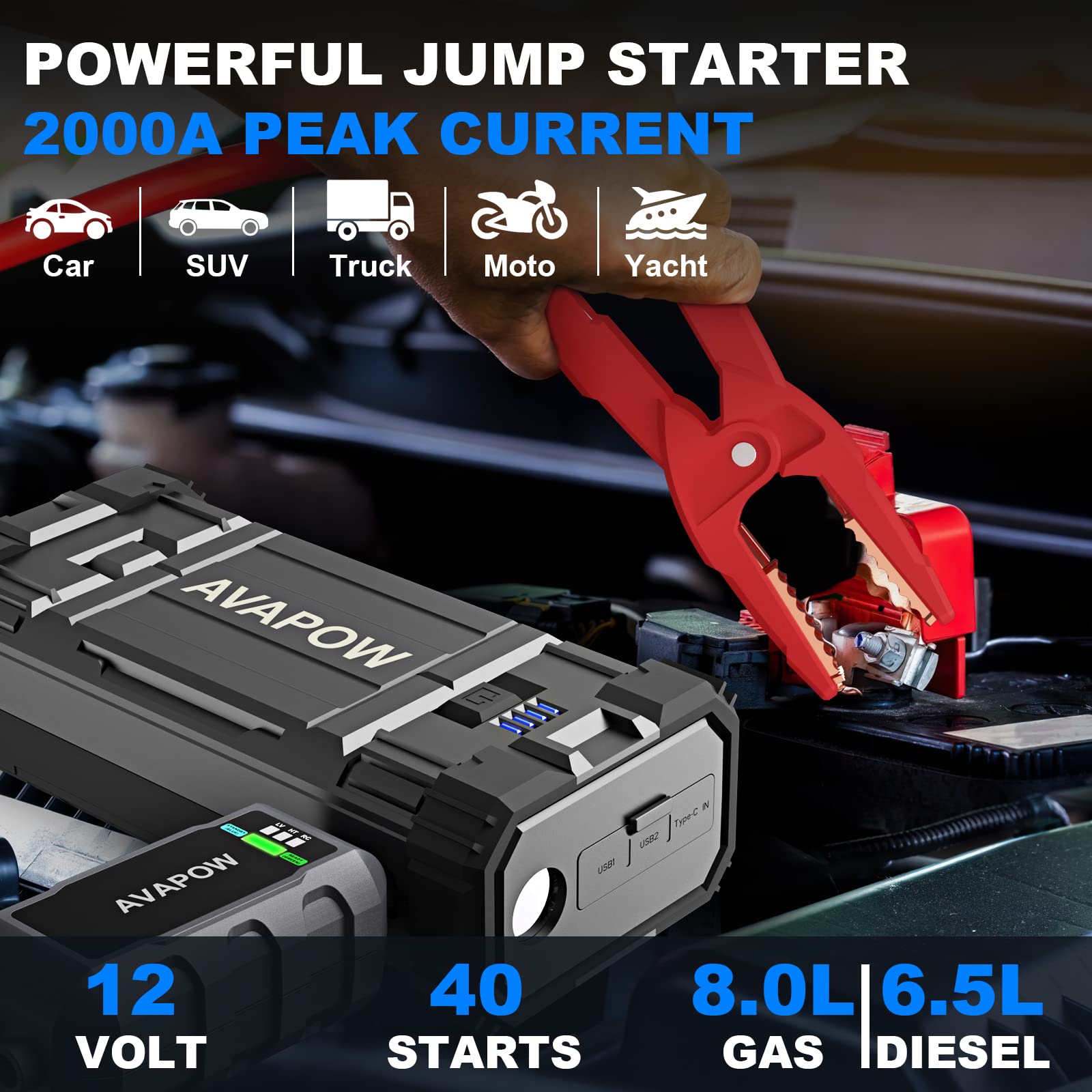Avapow Jump Starter 2000A Peak 18000Mah Portable Battery Jump Starter For Car With Dual Usb Quick Charge 3.0(Up To 8.0L Gas Or 6