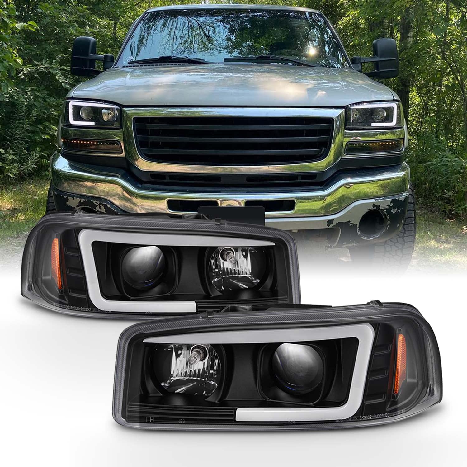 Akkon - For 99-06 Gmc Sierra 1500 2500Hd 3500 C3 Yukon Xl Black Led Tube Projector Headlights Driver+Passenger Side Pair