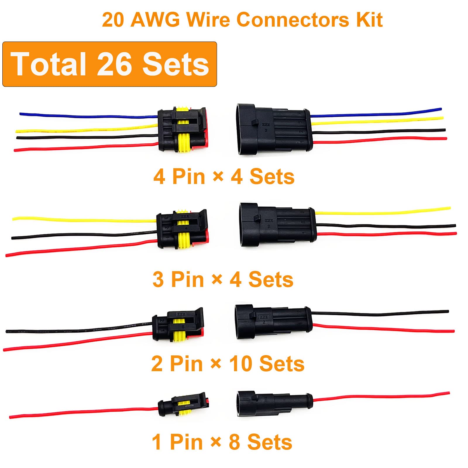 Twippo 20 Awg Waterproof Wire Connectors Automotive Electrical Connectors Quick Disconnect Wire Connectors 1/2/3/4 Pin With 20 G