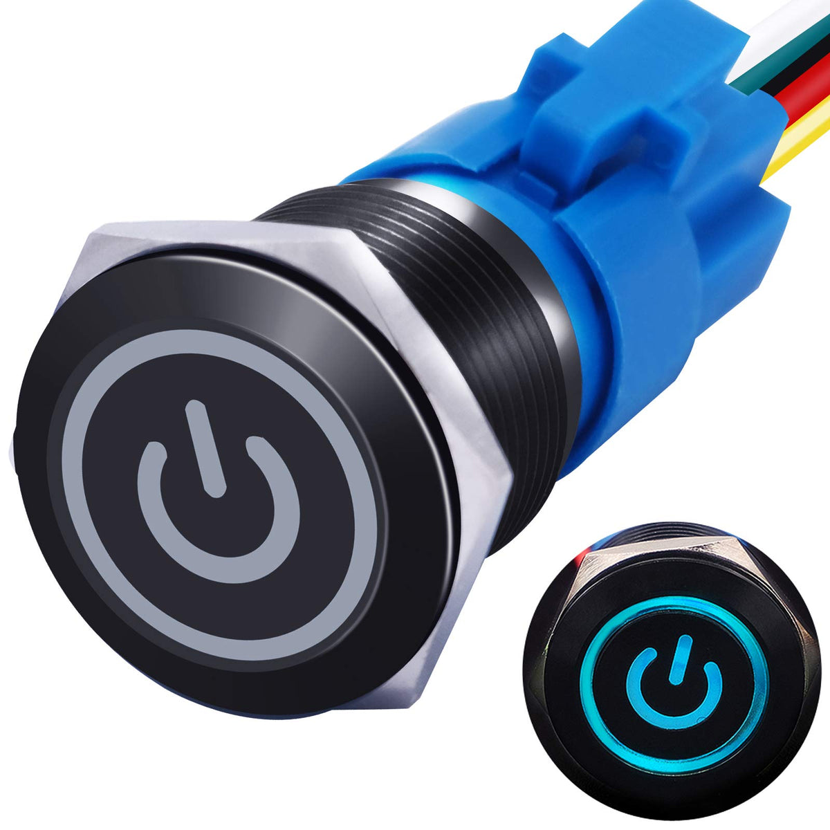 Mxuteuk 19Mm Waterproof Latching Push Button Switch 12V On/Off Switch 1No 1Nc Spdt Black Metal With Blue Power Symbol Light With