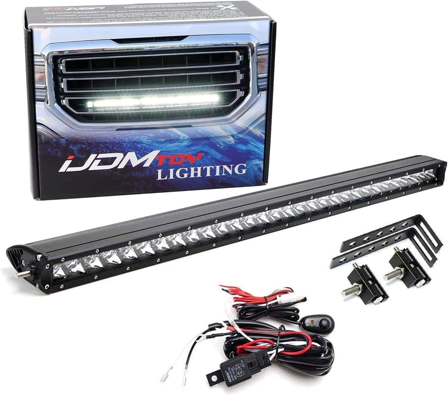 Ijdmtoy Behind Grille Mount 30-Inch Led Light Bar Kit Compatible With 2014-18 Gmc Sierra 1500 2500 3500 Hd, Incl (1) 150W Led Lightbar, Mesh Grill Mounting Brackets & On/Off Switch Wiring Kit