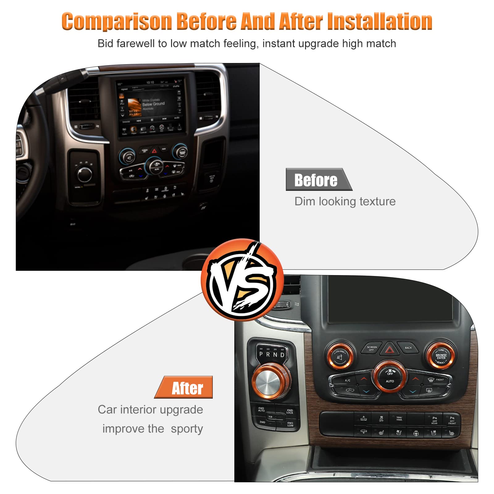 Voodonala for Dodge RAM Air Conditioner Headlight Switch CD Knob Trim for 2013-2017 Dodge RAM Aluminum 5pcs Orange