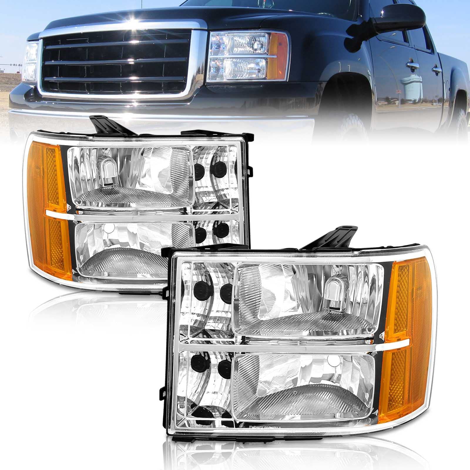 As Headlights For 2007 2008 2009 2010 2011 2012 2013 Gmc Sierra Headlights For 07-13 Sierra 1500/07 08 09 10 11 12 13 14 Sierra 2500 Hd/3500 Hd With Chrome Housing Amber Reflector Clear Lens Pair