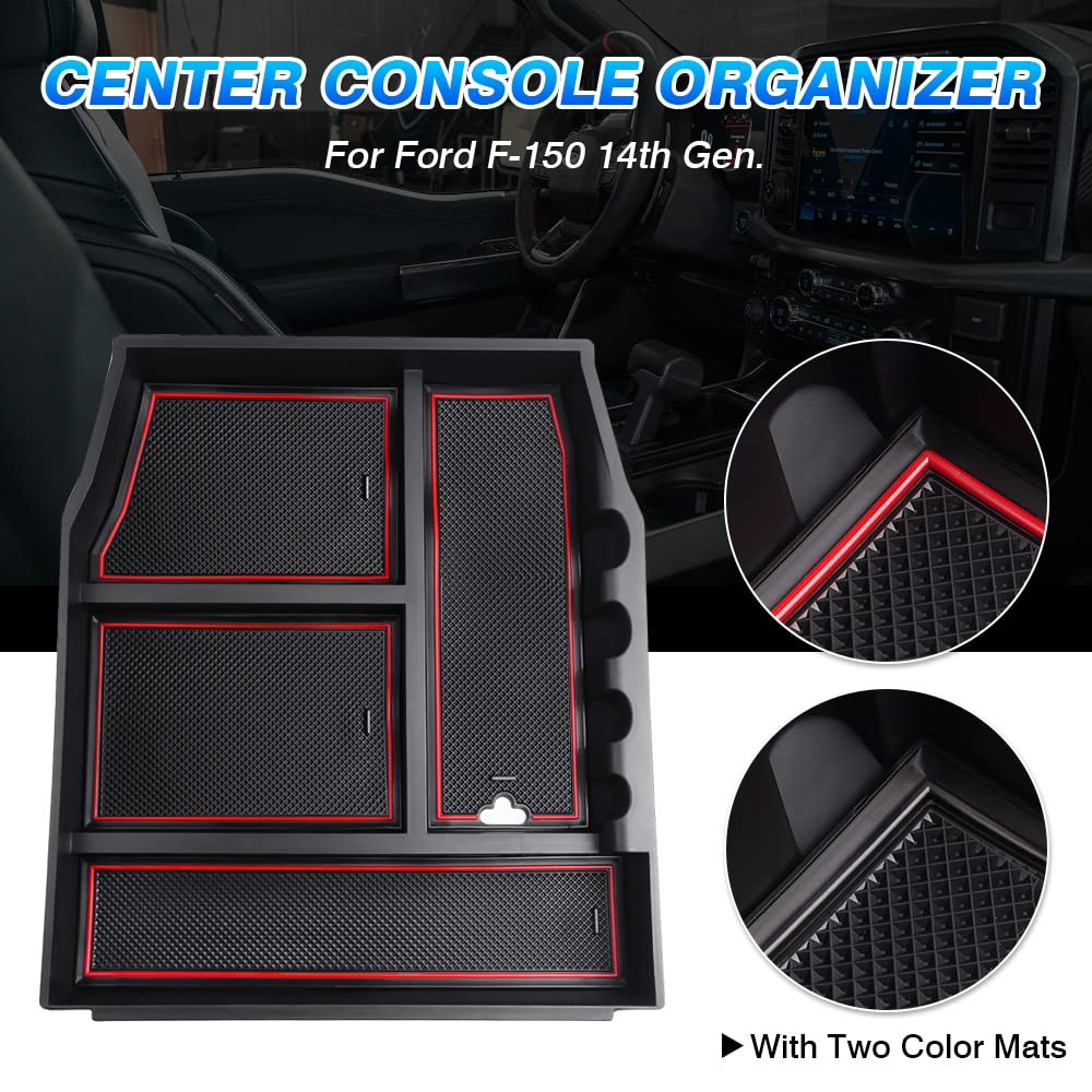 Autorder Center Console Organizer for Ford F-150 (2021-2025) - Armrest Storage Box with 2 Color Mats - Essential Accessory