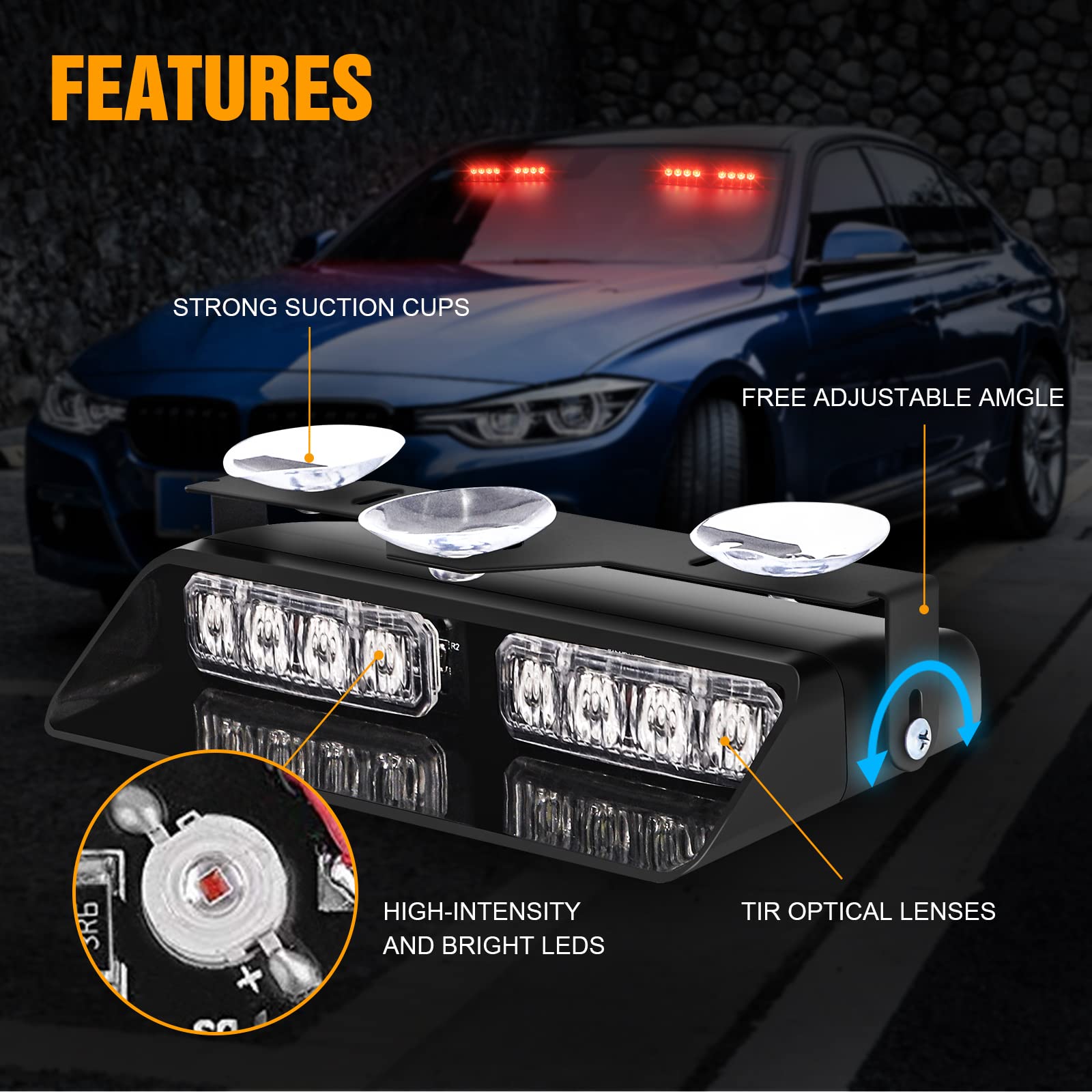 Xridonsen Red 2 In 1 Dash Emergency Strobe Lights Warning Safety Flashing Lights Interior Windshield W/Suction Cups For Ambulance Firefighter Volunteer Vehicles Trucks (2×7.16 Inch, 16 Led)