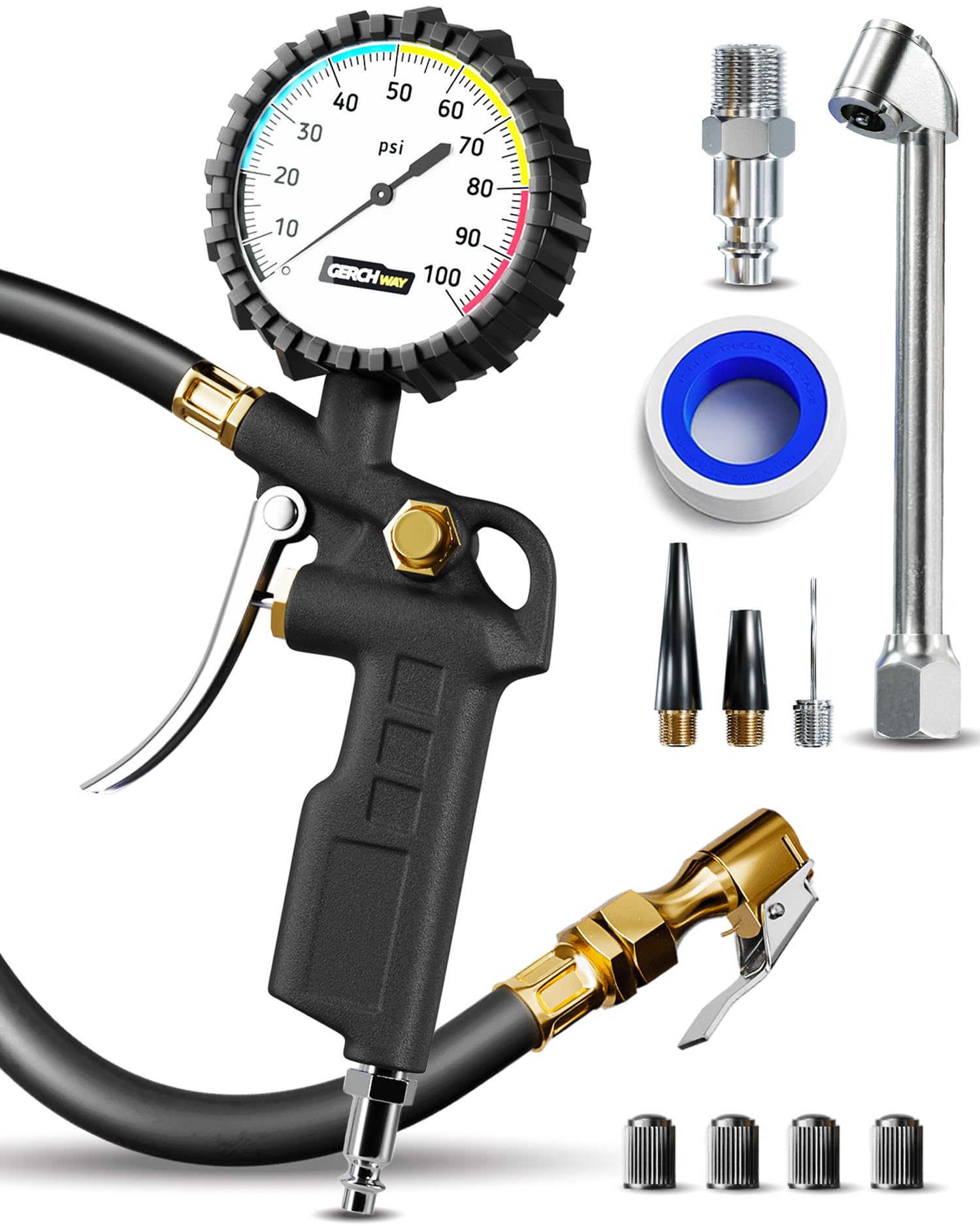 Tire Inflator With Pressure Gauge - Large Glow Dial, Swivel Air Chuck With Gauge And Air Compressor Accessories - 100 Psi