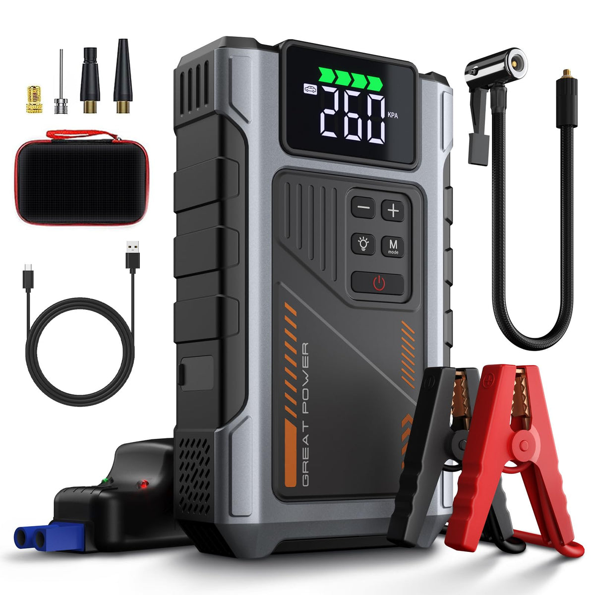 Portable Jump Starter With Air Compressor 2500A Peak With 150Psi Tire Inflator, Jump Box For 12V Car Battery Power Booster Pack 