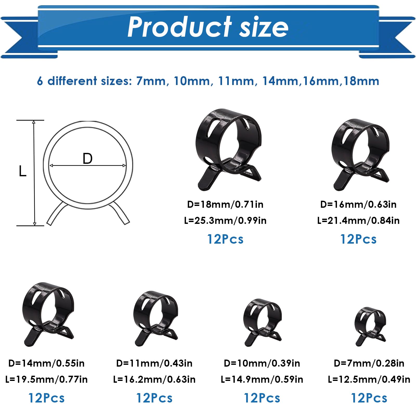 Eoppen 72Pcs Spring Hose Clamps Fuel Line Silicone Vacuum Hose Low Pressure Air Clamps & Sleeving Automotive Replacement Fastene