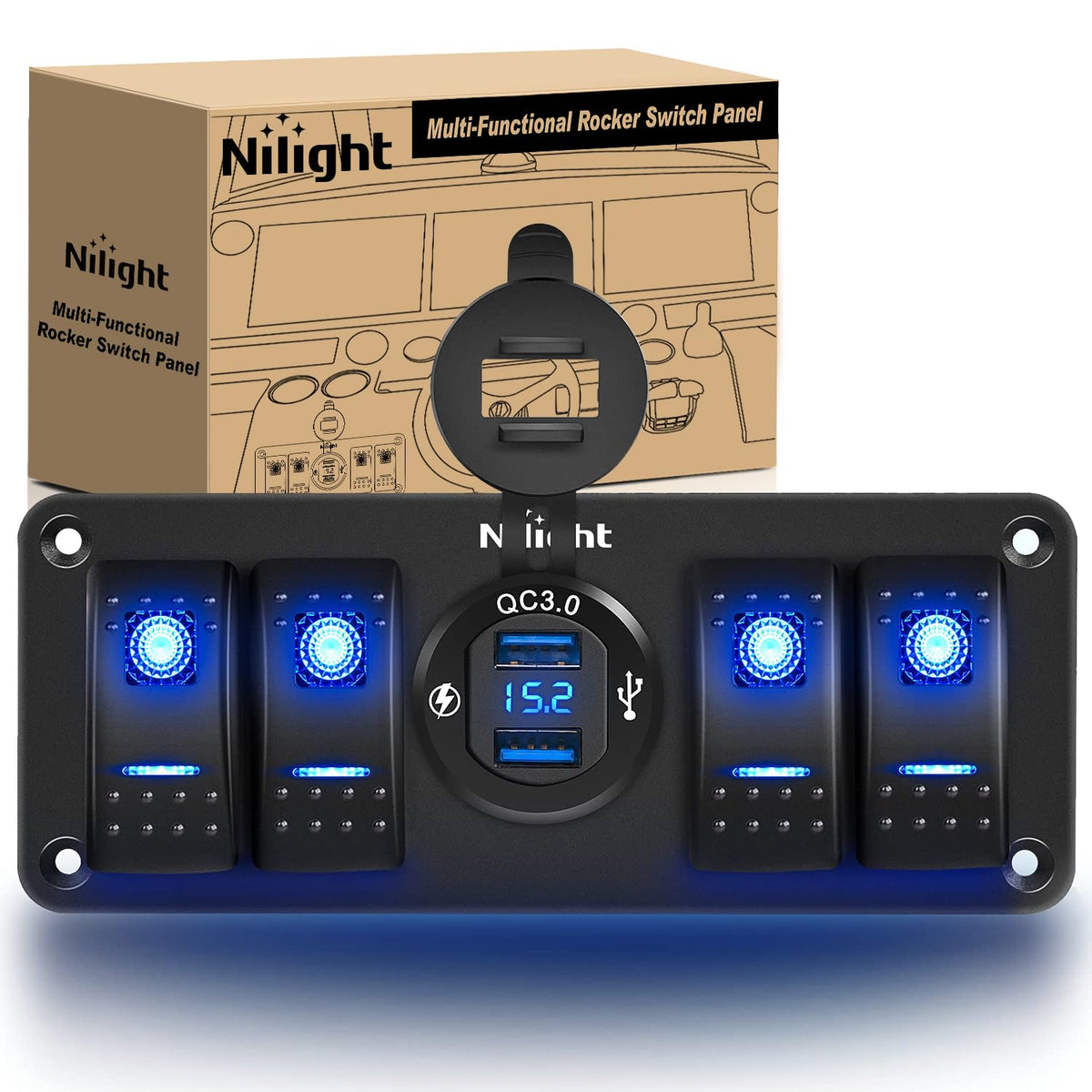 Nilight 4 Gang Rocker Switch Panel With Qc3.0 Dual Usb Charger Voltmeter Waterproof And Night Glow Stickers 12V-24V Dc For Cars