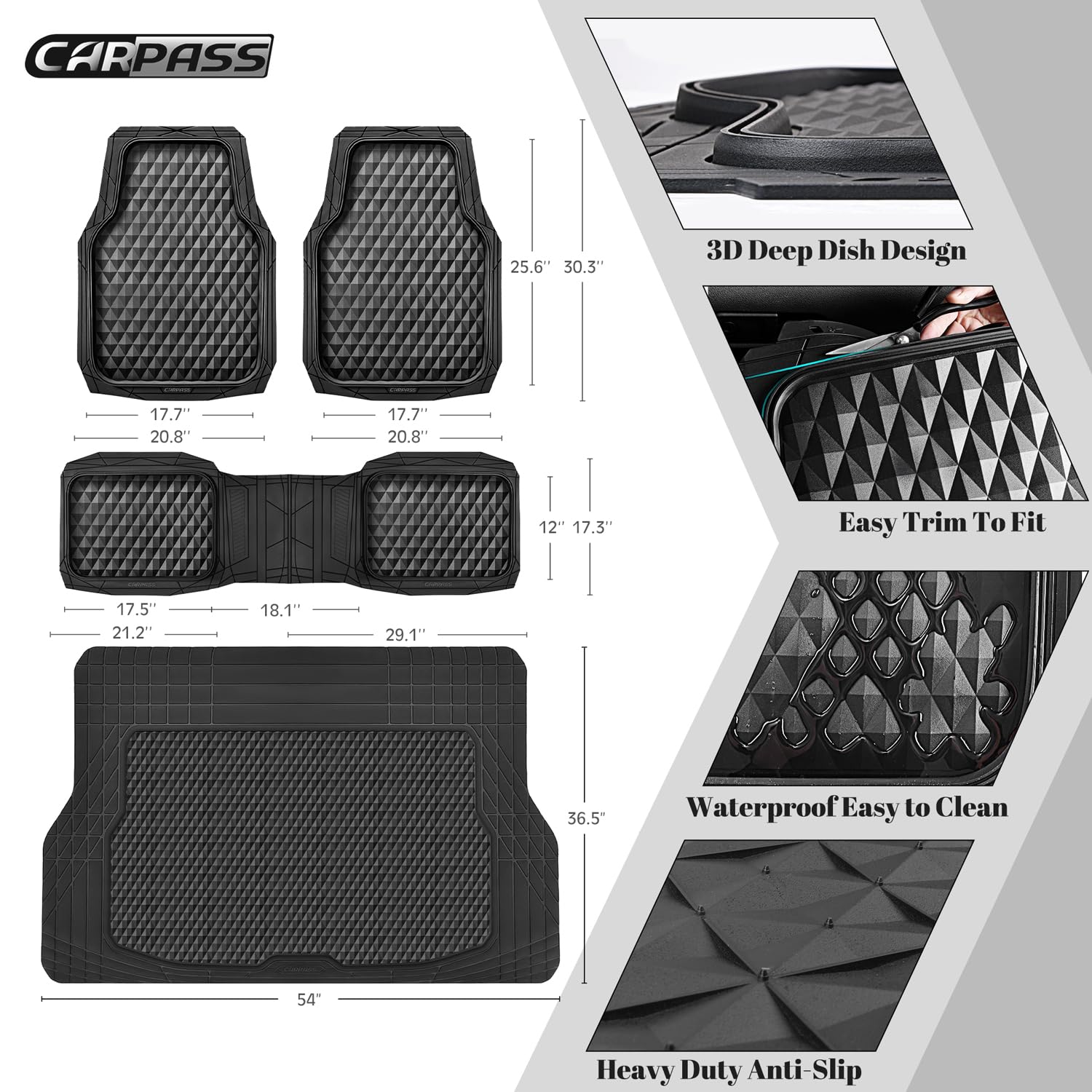 Car Pass Heavy Duty Rubber Black Car Floor Mats & Cargo Liners, Deep Dish All-Weather Trunk Mats Durable Anti-Slip 3D Rhombus Wa