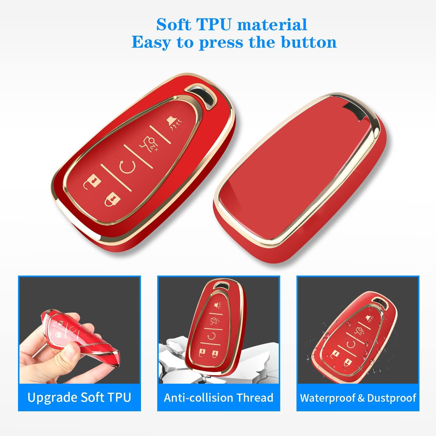 Qbuc For Chevy Key Fob Cover With Keychain Tpu Protector Suitable For Chevrolet Equinox Malibu Traverse Blazer Camaro Impala Cruze Volt Bolt Sonic Trax Tahoe Key Shell Remote Holder(Red)