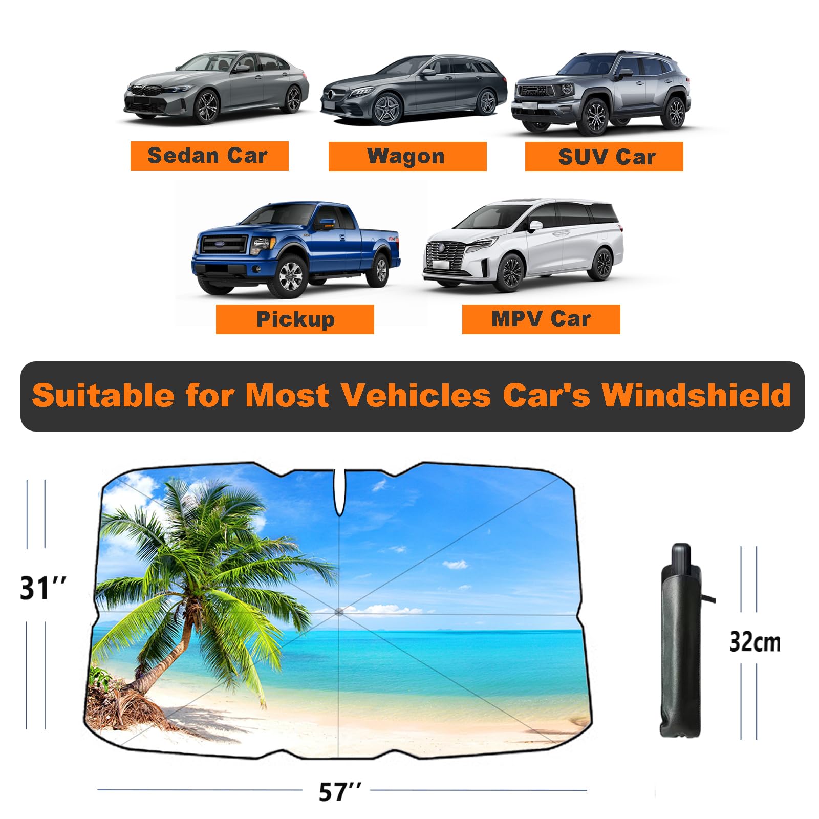 Coricha Windshield Sun Shade Beach Sunset Palm Tree Car Shades for Front Windows Umbrella 100% Blackout Sunshades Car Accessorie