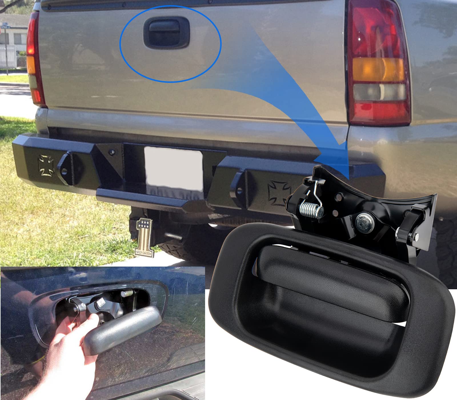 Tailgate Handle Latch Compatible for 1999-2007 Chevy Silverado GMC Sierra 1500 2500 3500 with Bezel Trim and Rod Clips, Replaces
