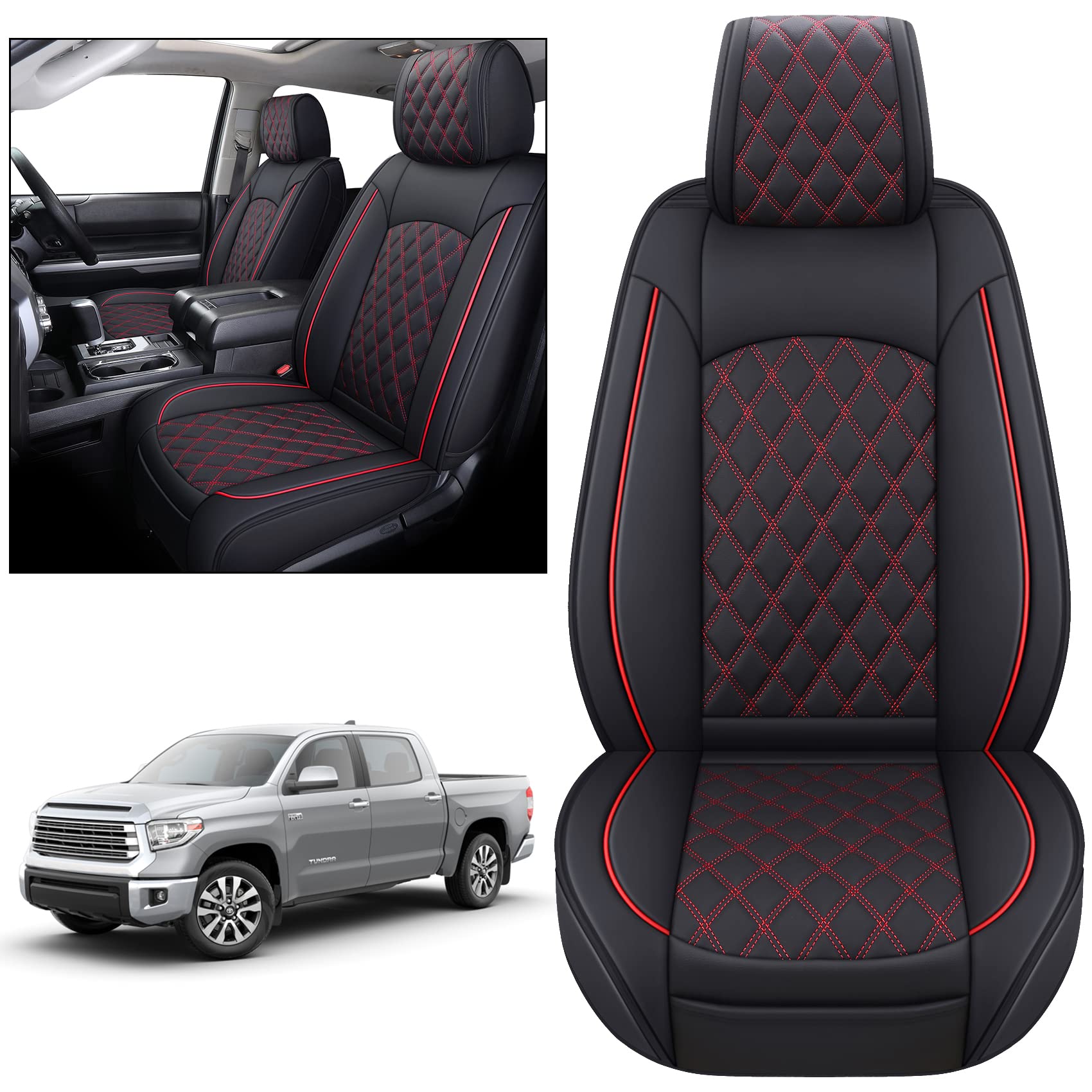 Yiertai Truck Seat Covers For Toyota Tundra 2008-2023 2024 2025 Crewmax Double Cab Limited Platinum 1794 Edition Tundrasine Concept Waterproof Leather(2 Pcs Front Only/Black-Red)