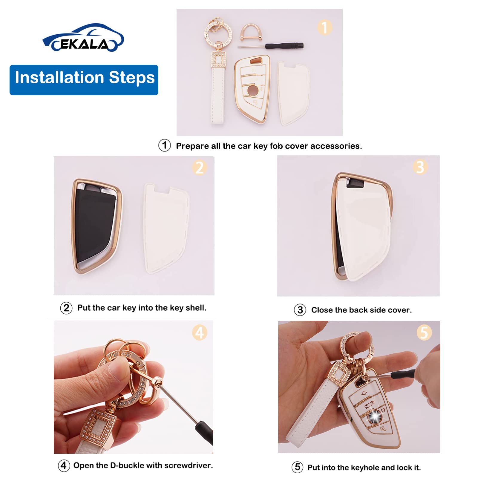 EKALA for BMW Key Fob Cover Soft TPU Full Protection Smart Key Case Shell White with Leather Keychain Lanyard Fit for BMW X1 X2