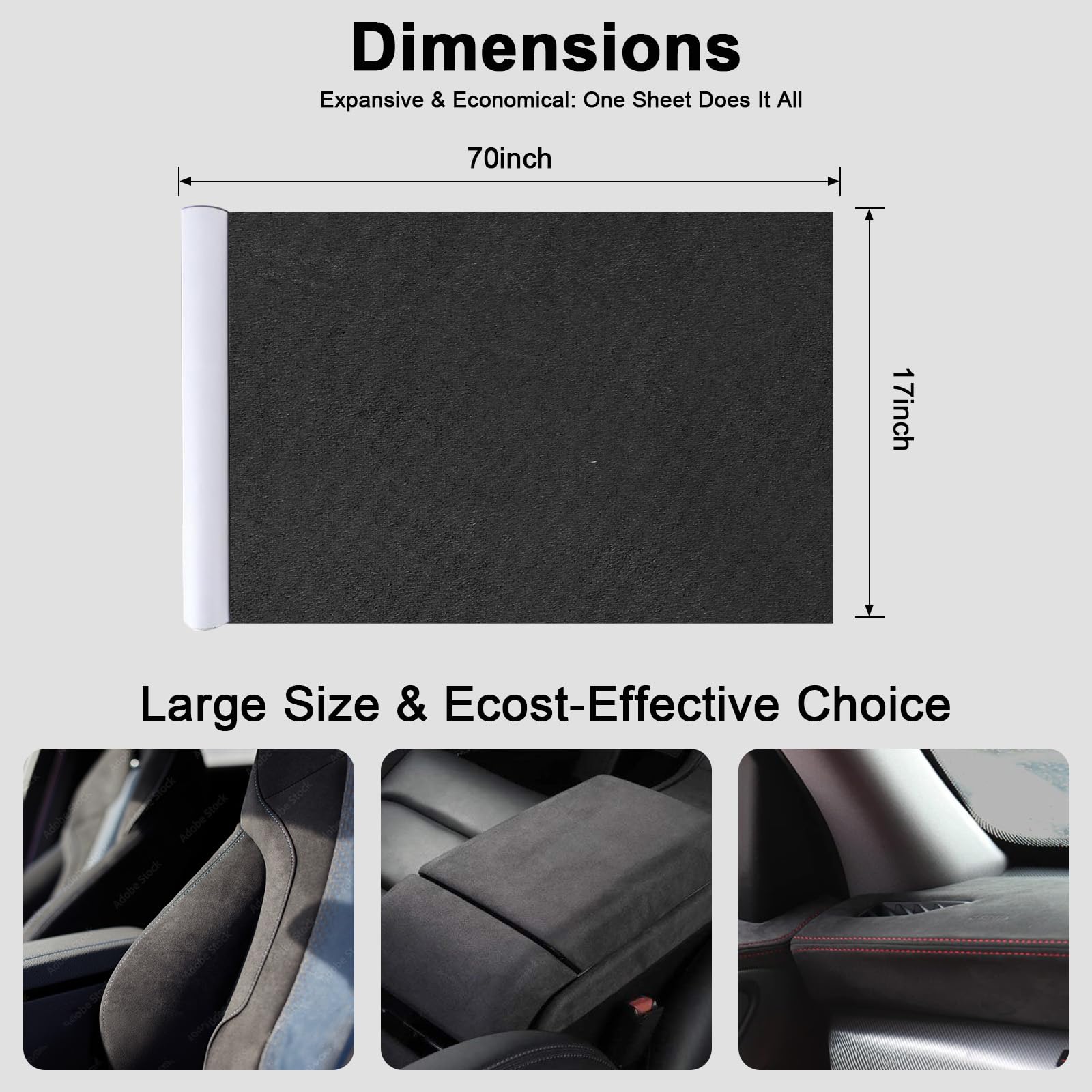 RadiantDecor Premium Black Suede Fabric Wrap - 17x70 inch Suede Wrap for Car Interior - Self-Adhesive Microfiber and Synthetic L