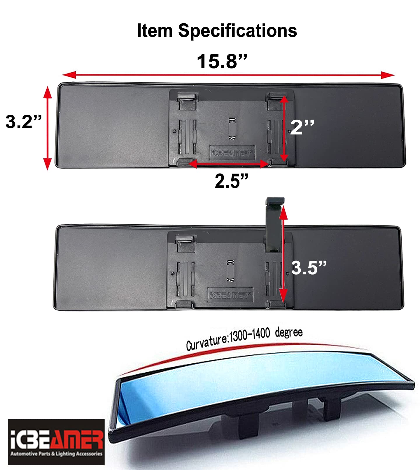 Icbeamer 15.8'' 400Mm Easy Clip On Wide Angle Panoramic Blind Spot Fit Auto Interior Rearview Mirror Convex Anti-Glare Blue Surf