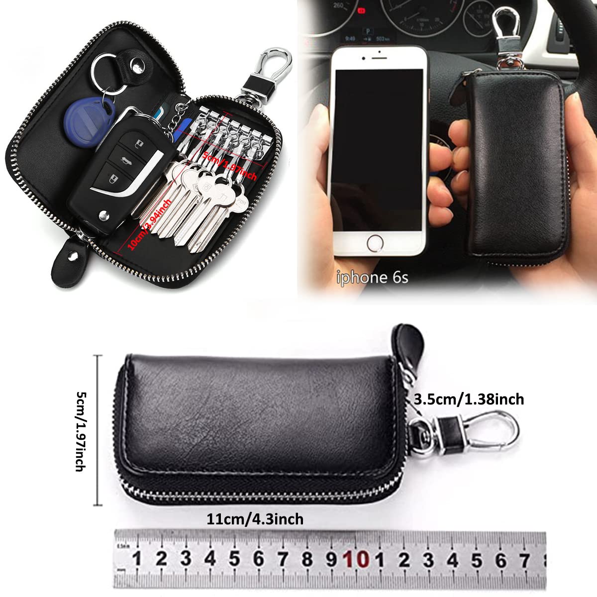 Westonetek Unisex Mens Womens Premium Leather Car Key Holder Bag Keychain Case Wallet With 6 Hooks Zipper Closure, Black
