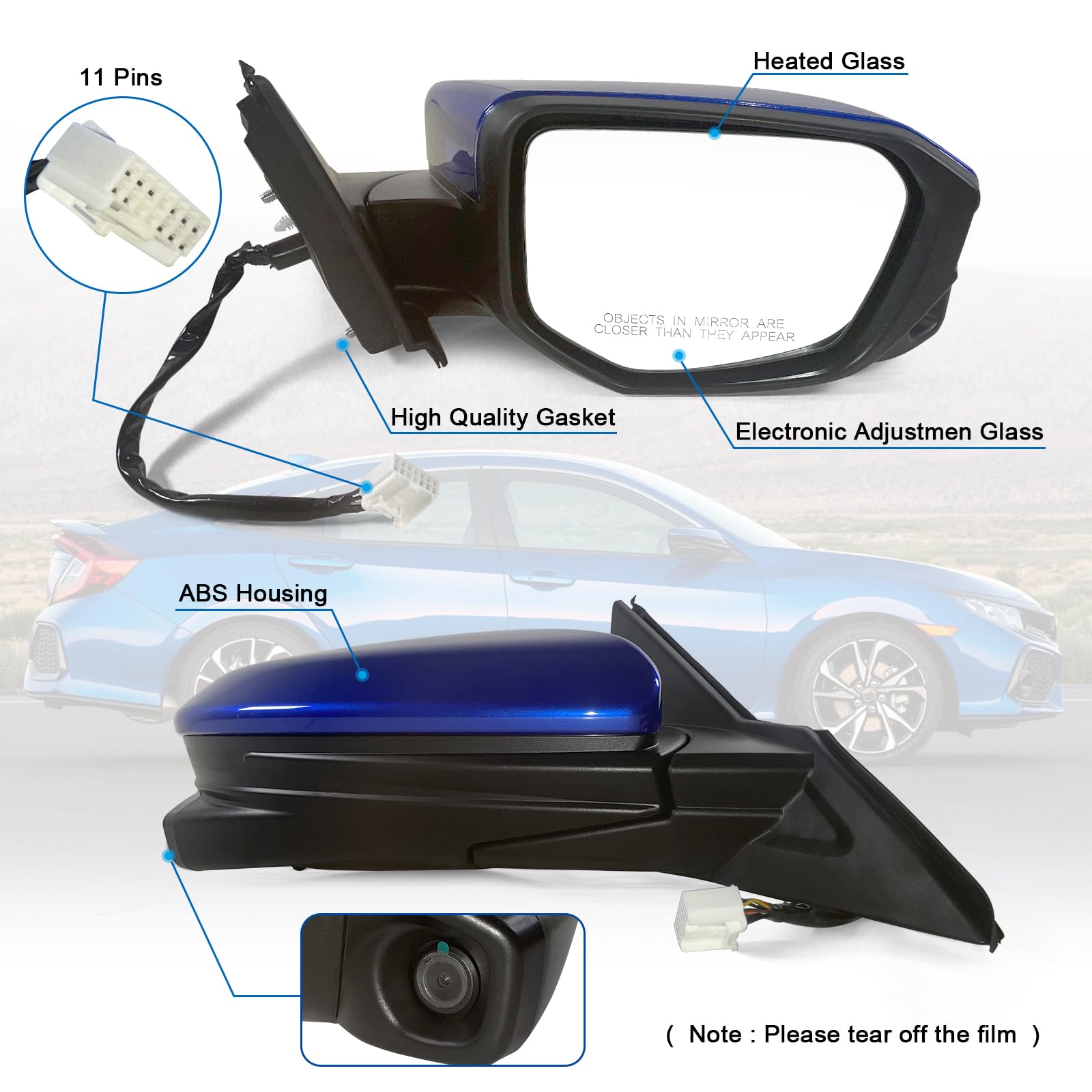 Lqito Passenger Side Door Mirror Compatible with 2016-2021 Honda Civic Sedan/coupe/hatchback Lx/Ex/Sport with Power Heated and C