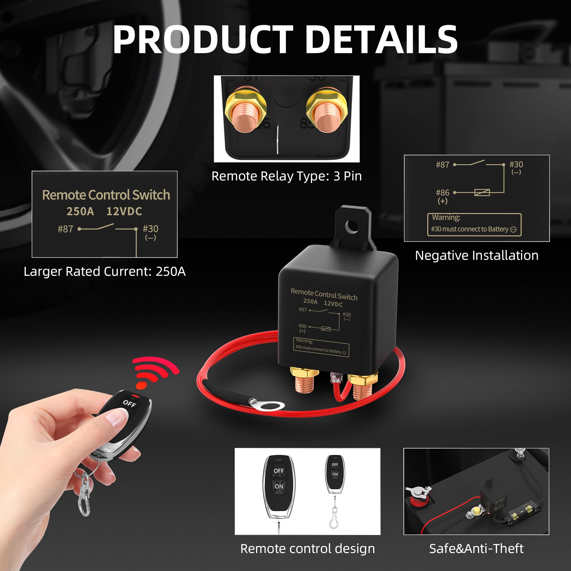 Joinfworld Kill Switch For Car 12V Remote Battery Disconnect Switch 250A Anti-Theft Remote Control Switch With Two Wireless Remo