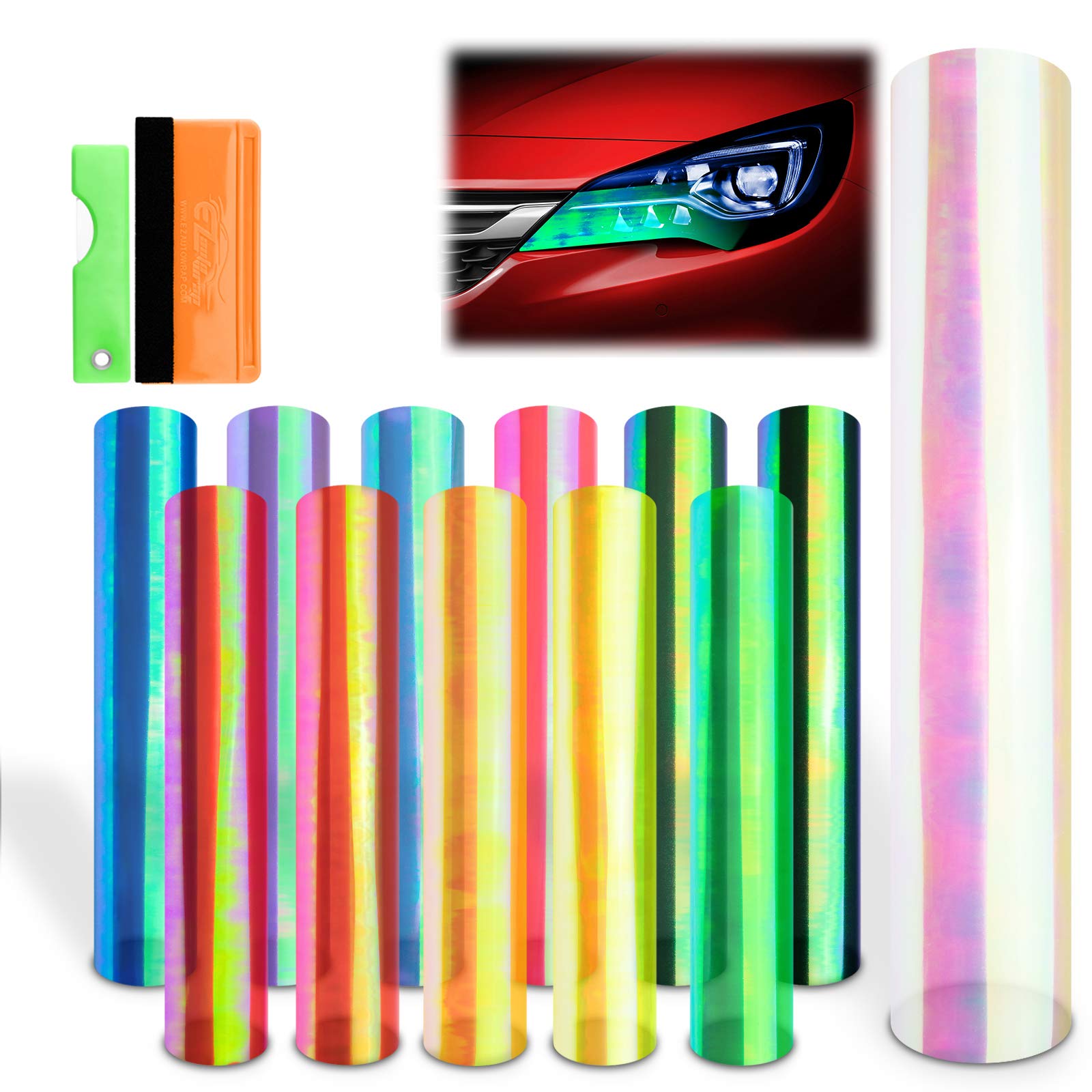 Ezauto Wrap Free Tool Kit 12''X60'' (1Ft X 5Ft) Chameleon Neo Xenon Light Blue Headlight Taillight Fog Light Side Marker Vinyl T