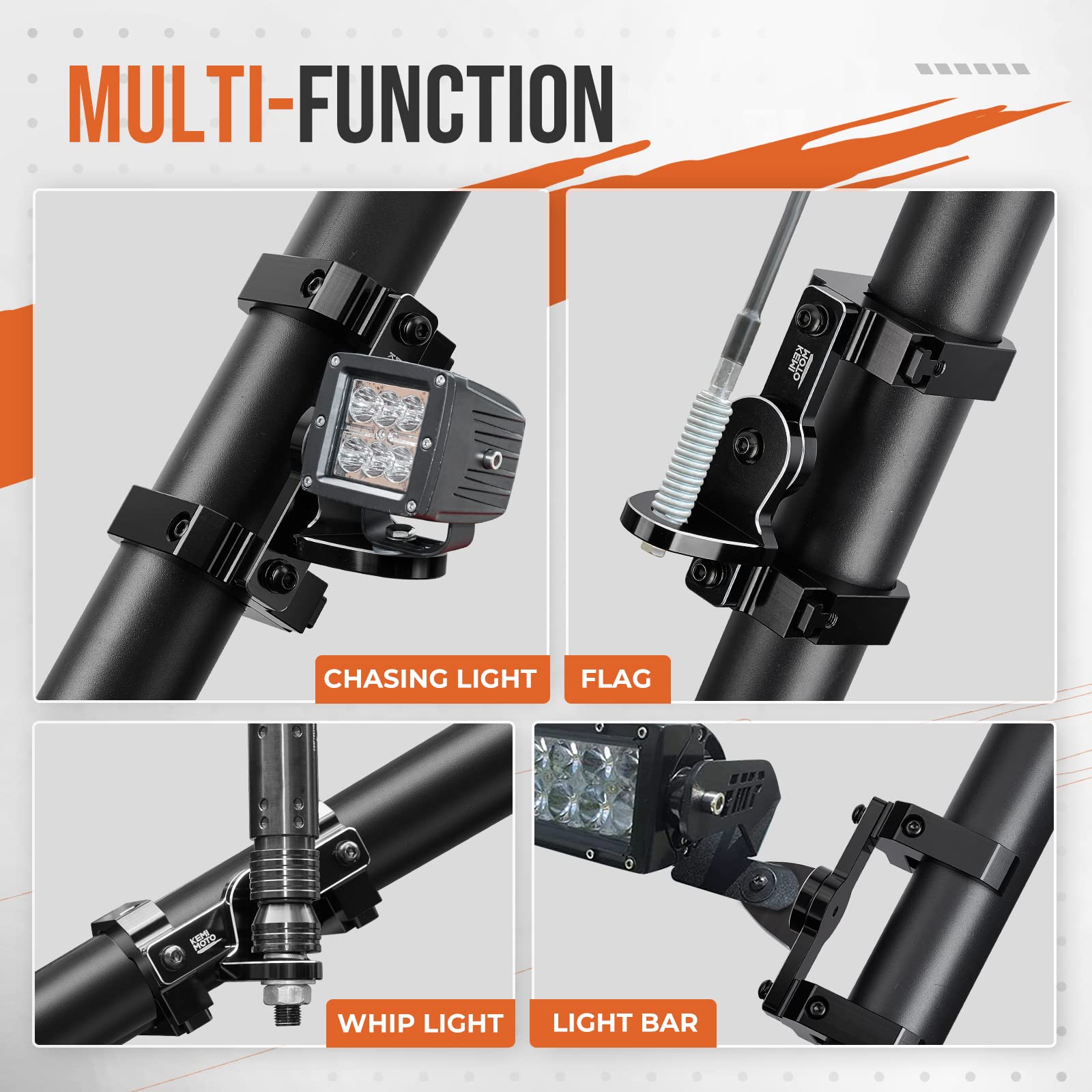 Kemimoto Upgraded Utv Whip Mount 1Pcs, Double-Clamps 1.5''-2'' Roll Cage Heavy-Duty Aluminum Whip Light Mounting Bracket Flag Mo