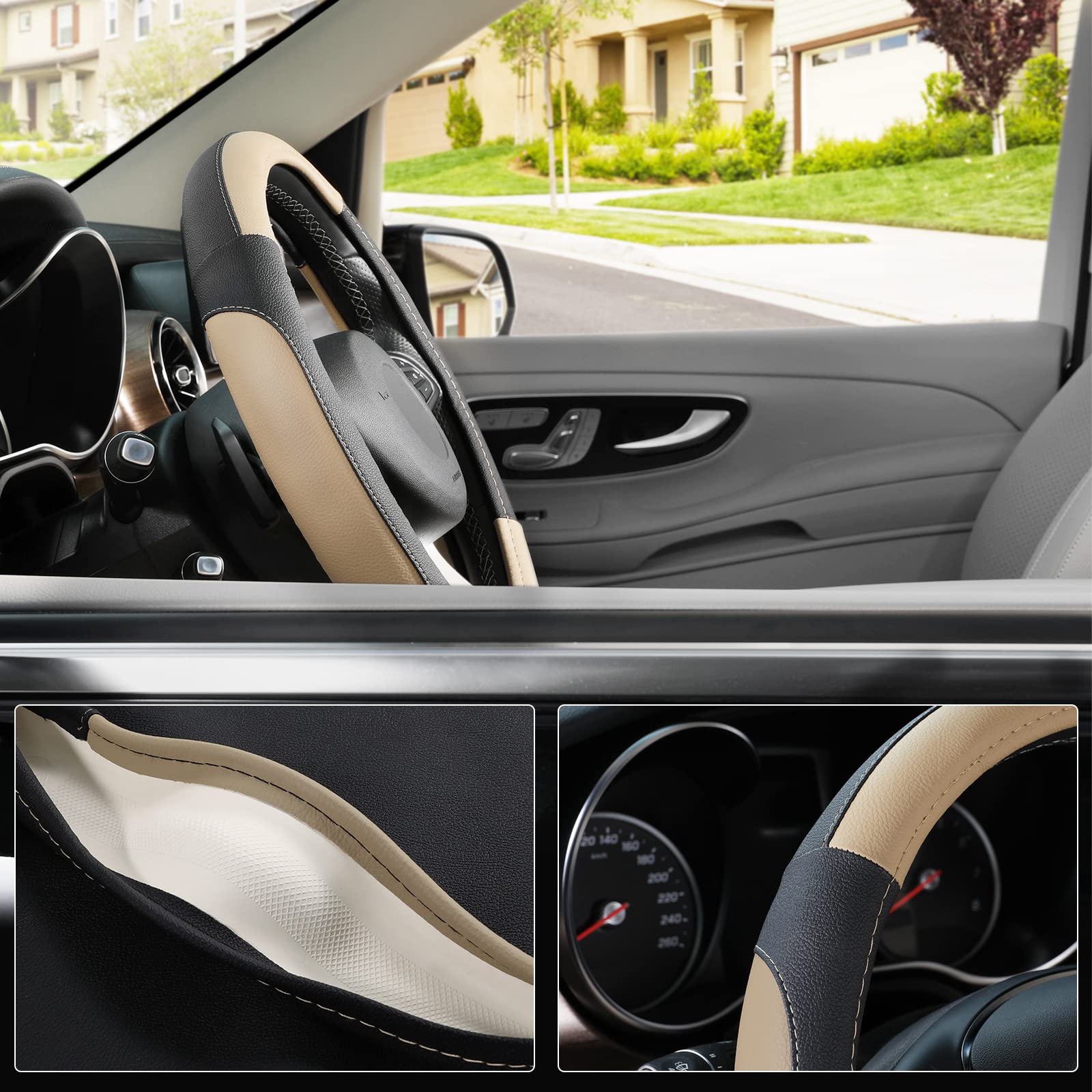 SEG Direct Car Steering Wheel Cover Universal Standard Size 14.5-15 inch, Black and Beige Microfiber Leather