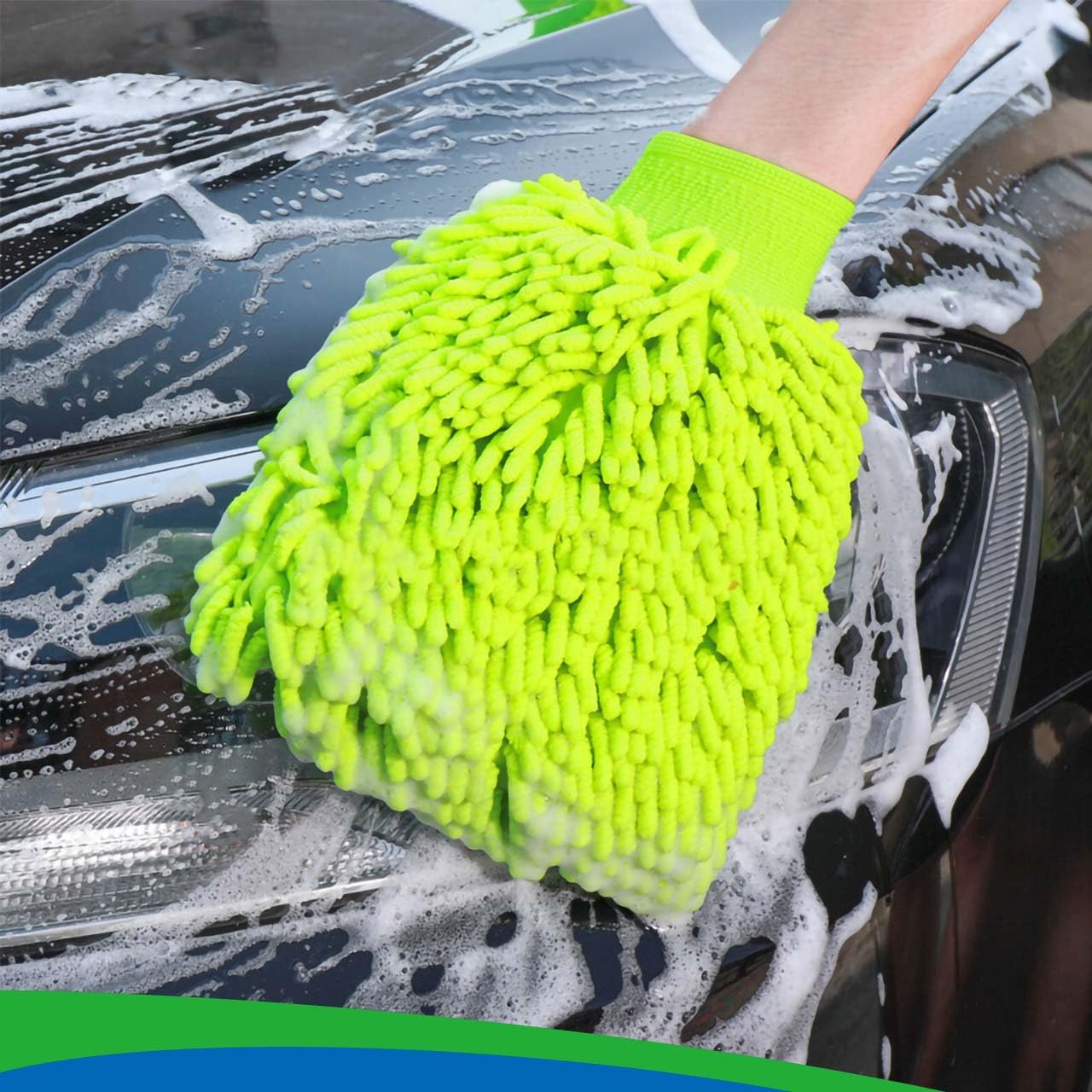 HeGangLy 2 Pack Car Wash Mitt Microfiber Chenille Car Wash Mitt Scratch Free for Cars Cleaning,Home Cleaning Mitts(Green/Blue).