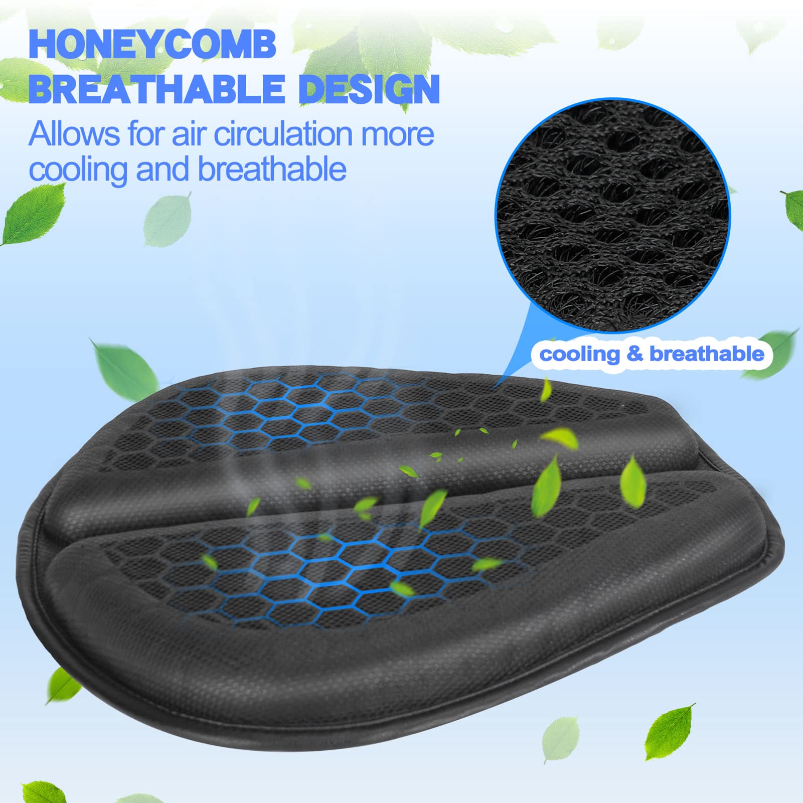 WDG Motorcycle Seat Cushion Pad 3D Honeycomb High Elasticity Gel Material Comfortable Breathable Shock Absorption for Long Rides