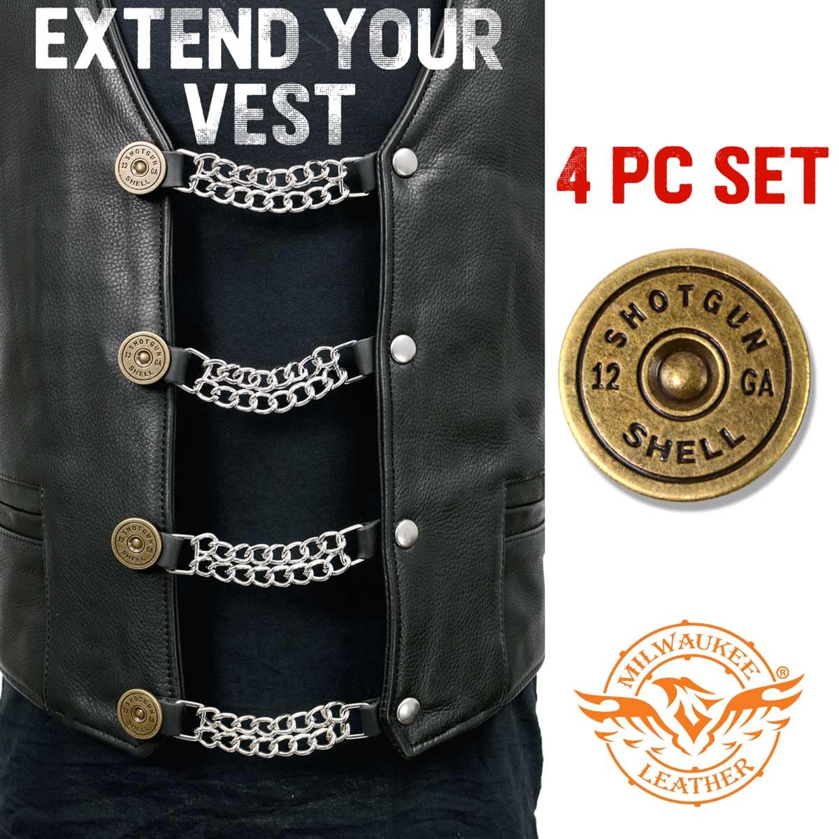 Milwaukee Leather 12 Gauge Shell Medallion Vest Extender - Double Chrome Chains Genuine Leather 6.5 Extension 4-PCS MLA6025SET