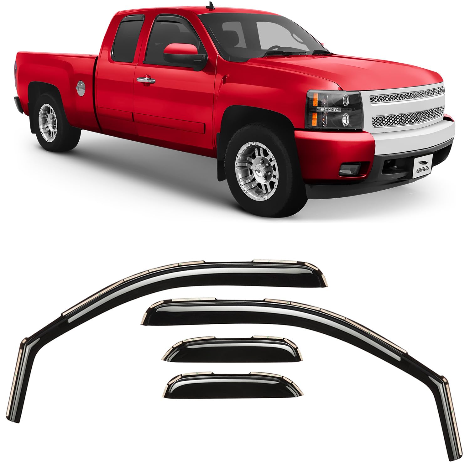Voron Glass In-Channel Extra Durable Rain Guards For Trucks Chevrolet (Chevy) Silverado 2007-2013 Extended Cab, Window Deflector