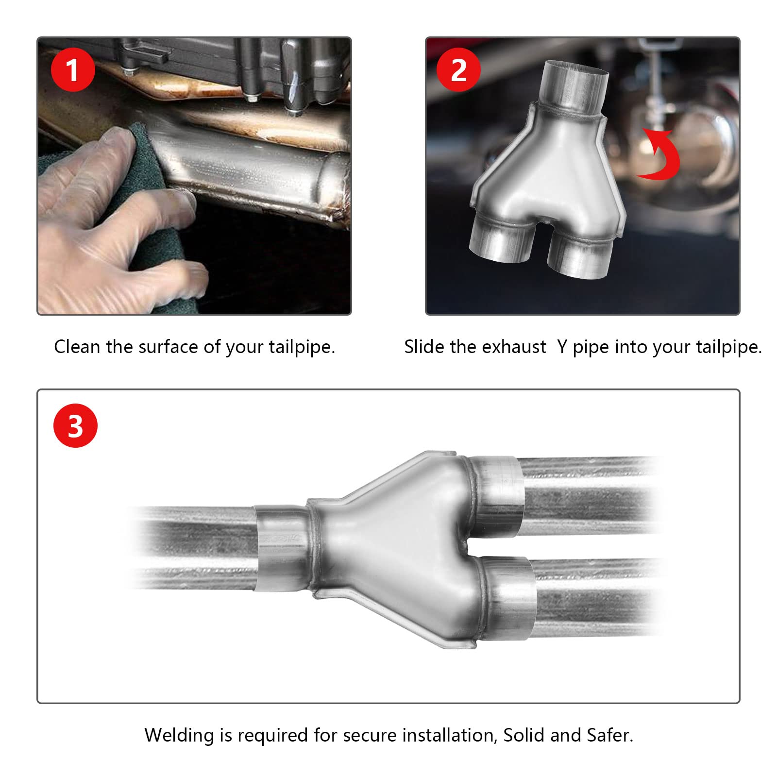 TECTRUC Universal Stainless Steel 2.25 Inch Exhaust Y Pipe, 2.25'' Inch ID Single to 2.25'' Dual Exhaust Adapter Connector,2 1/4
