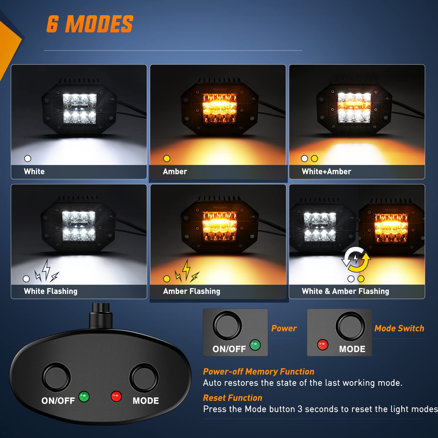 Nilight 2Pcs 42W Light Pods Flush Mount Spot Flood Amber White Strobe 6 Modes Memory Function Off-Road Truck Car Atv Suv Cabin B