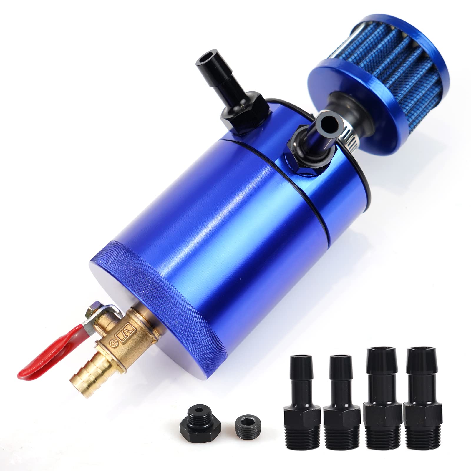WENJTP Oil Catch Can Kit with 4 Adapters + Breather Filter Drain Valve Plug 2 Ports (1 oulet + 1 inlet) 150ml Universal Aluminum