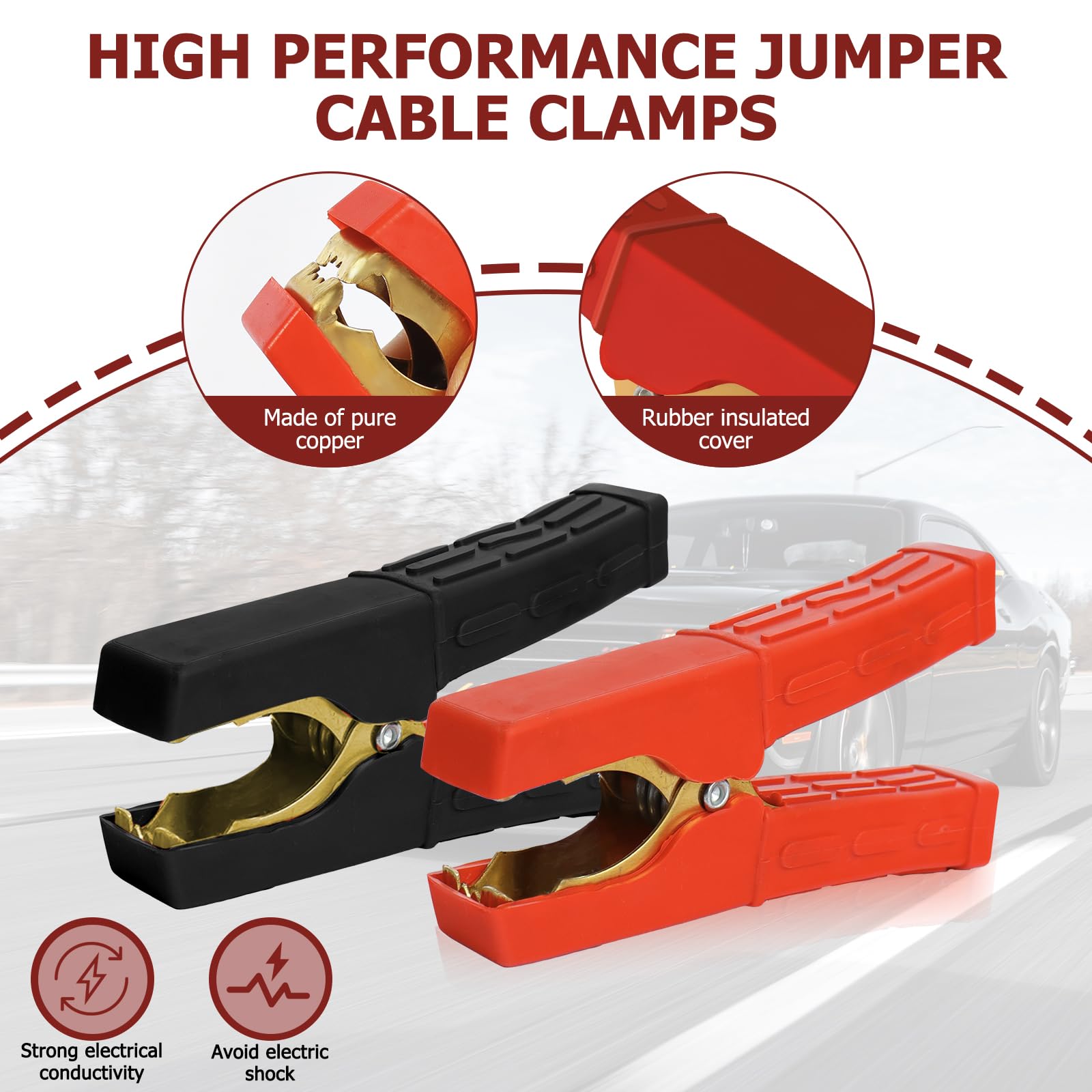 Jumper Cable Clamps 1 Pair, Battery Clamps Pure Copper, Battery Charger Clamps 4 Inch, Jumper Cable Ends Heavy Duty With Insulat
