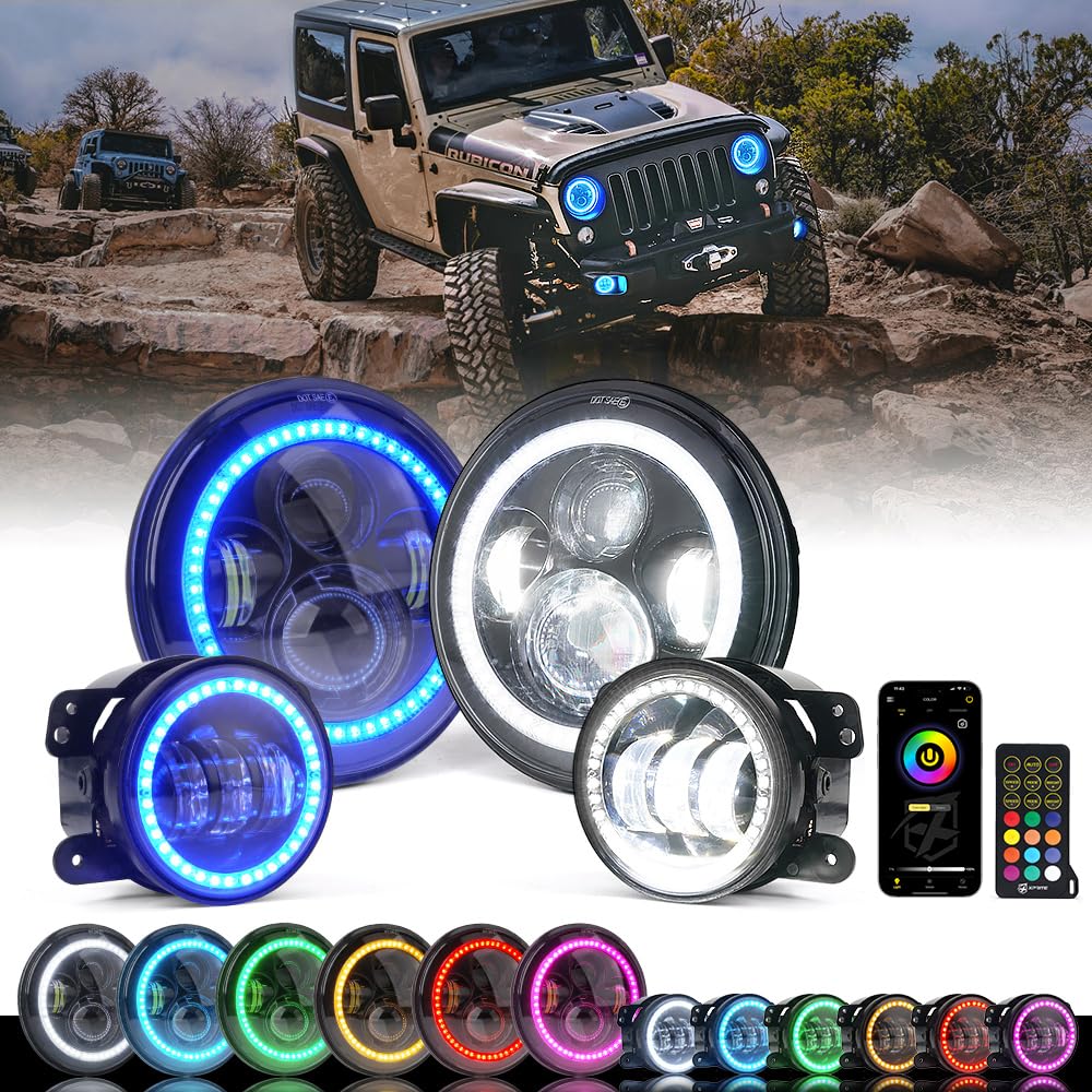 Xprite 7'' Inch Rgb Halo Led Headlights & 4'' Fog Lights Led Combo Headlamp Assembly Dual Controlled Rgb Light Kits Compatible W