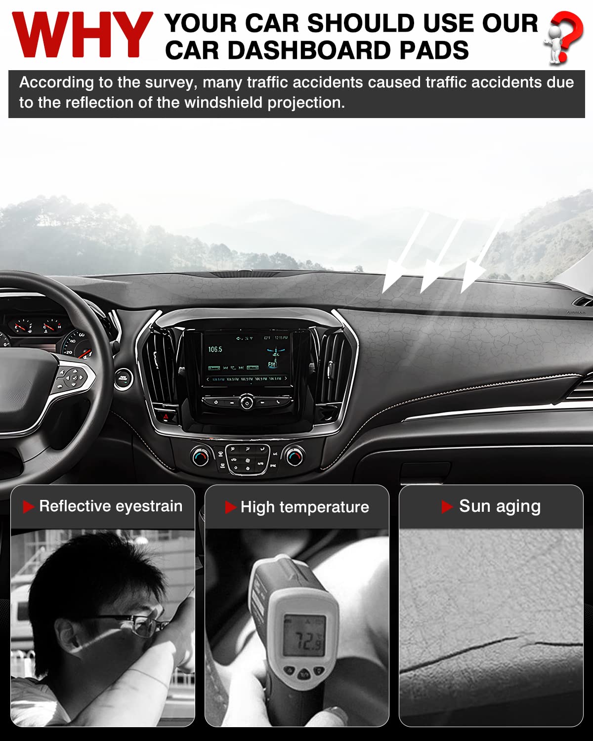 Autorder Dashboard Cover Mat For 2018-2024 Chevrolet Traverse Accessories Dash Cover Flannel Dash Mat Sunshade Glare Uv Rays Pro