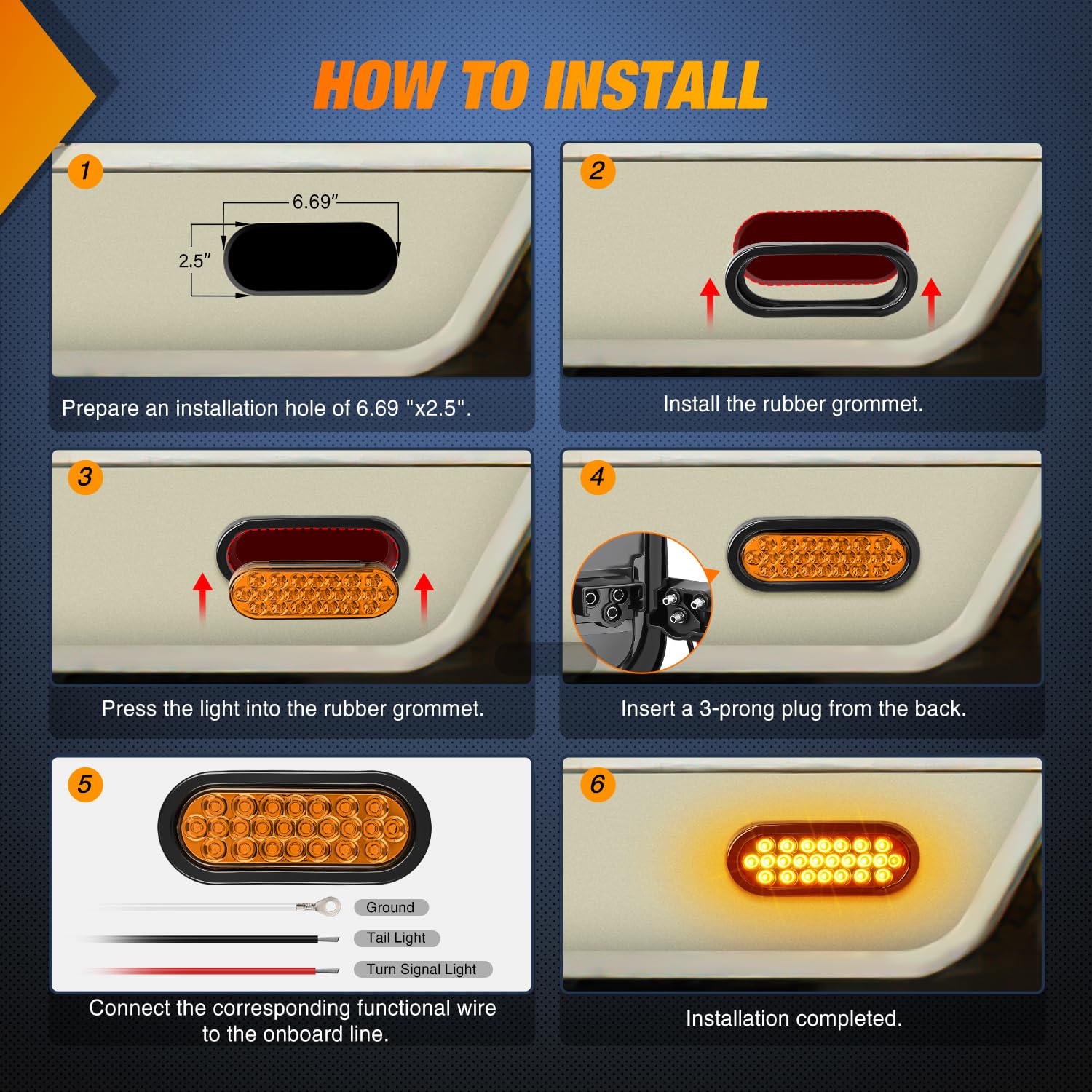 Nilight 6Inch Oval Trailer Tail Light 2Pcs Amber 24Led Turn Signal Lights W/Flush Mount Grommets Plugs Ip67 Waterproof For 12V T