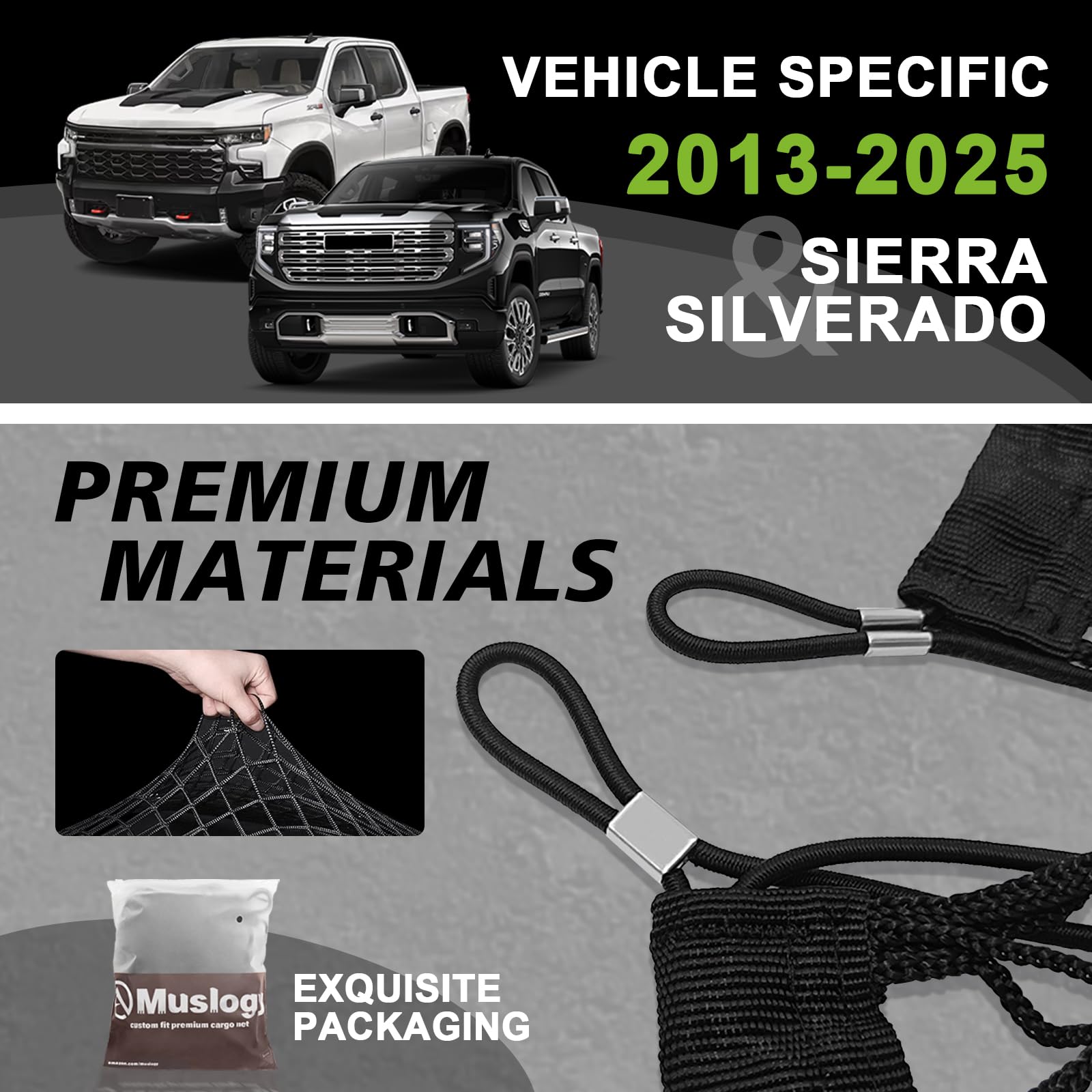 Muslogy Truck Bed Cargo Net Compatible with Chevy Silverado & GMC Sierra 2019-2025 Accessories Storage Organizer Pickup Truck Be