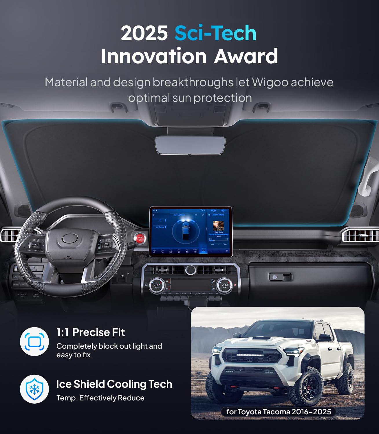 Wigoo For Toyota Tacoma 2016-2025 Windshield Sunshade [100% Sun Block, 4Th-Gen Cooling Tech] Foldable Heat Insulation Front Wind