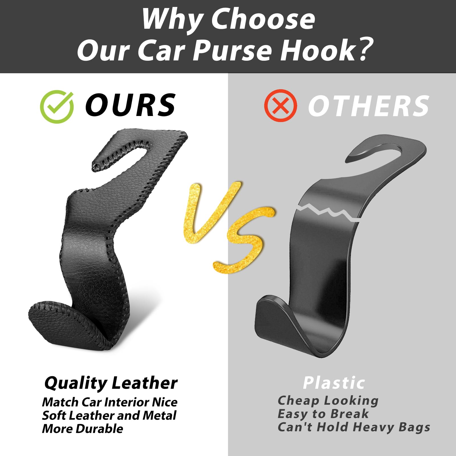 Etre Jeune Purse Hook For Car, Car Purse Holder Headrest Hook Vehicle Leather Storage Hook For Hanging Purses And Bags, 2 Pack Black