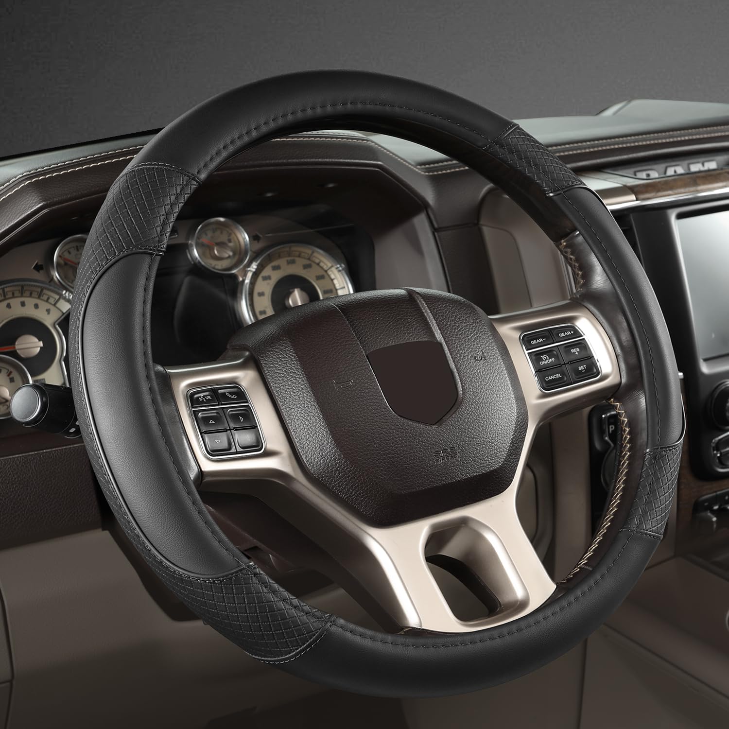 GIANT PANDA Car Steering Wheel Cover for Dodge Ram 1500 2500 3500 15.5-16 inches- Solid Black
