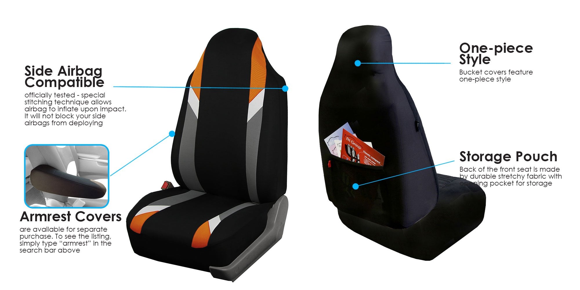FH Group Premium Modernistic Seat Covers Pair Set, Airbag Compatible-Universal Fit for Cars Trucks and SUVs (Orange)