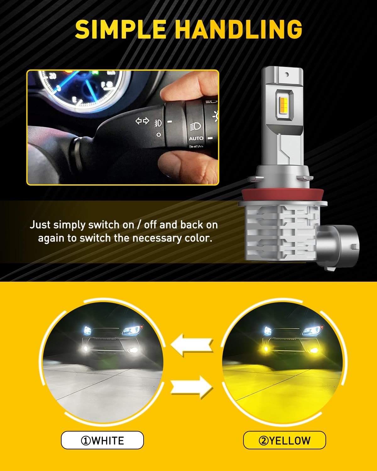 Auxito H11 H8 H16 Switchback Led Fog Light Bulbs, 6500K White/3000K Amber Yellow, 6000Lm 300% Brightness, Dual Color White Yello