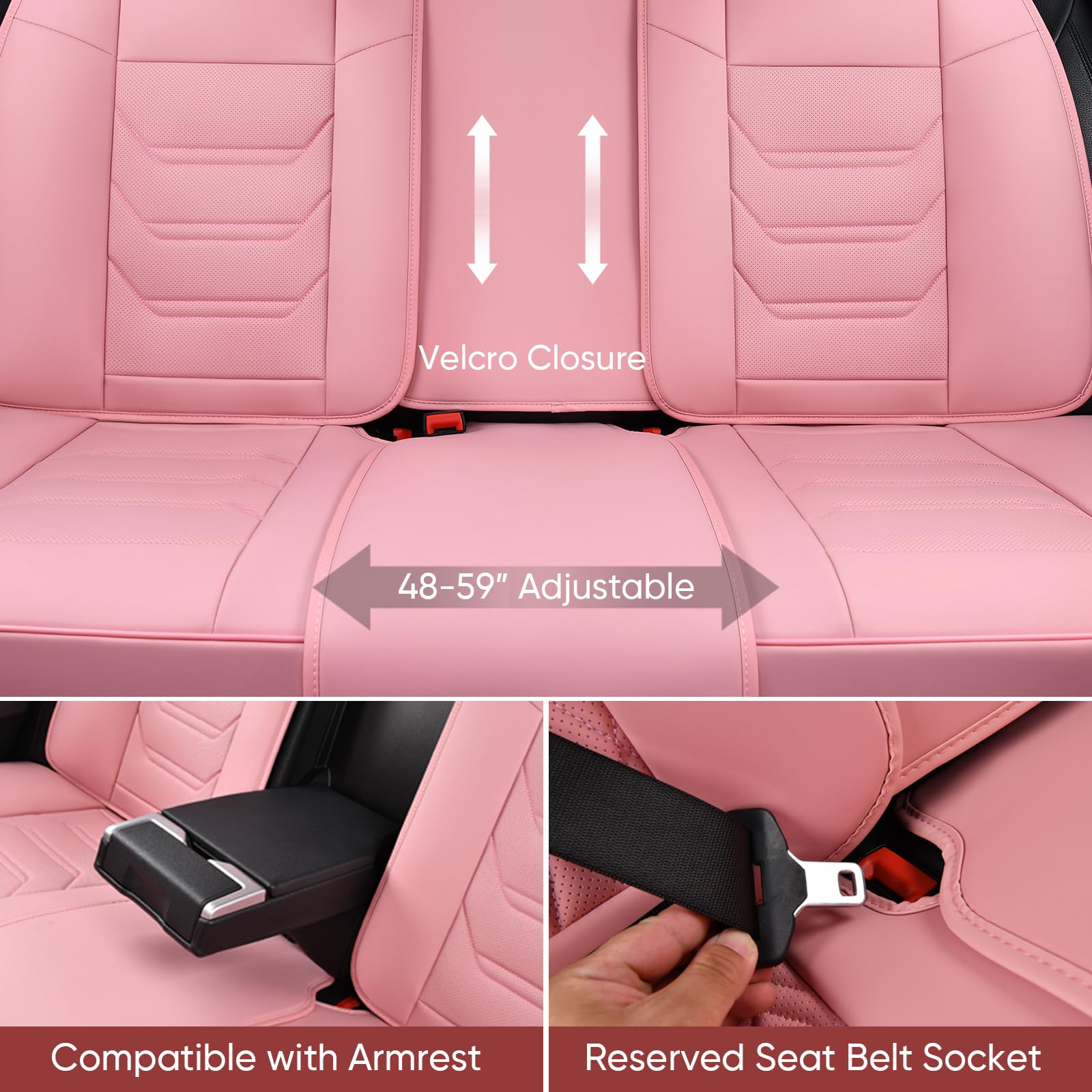 Tiehesyt Pink Car Seat Covers Full Set, Breathable Leather Automotive Front And Rear Seat Covers With Headrest, Waterproof Auto