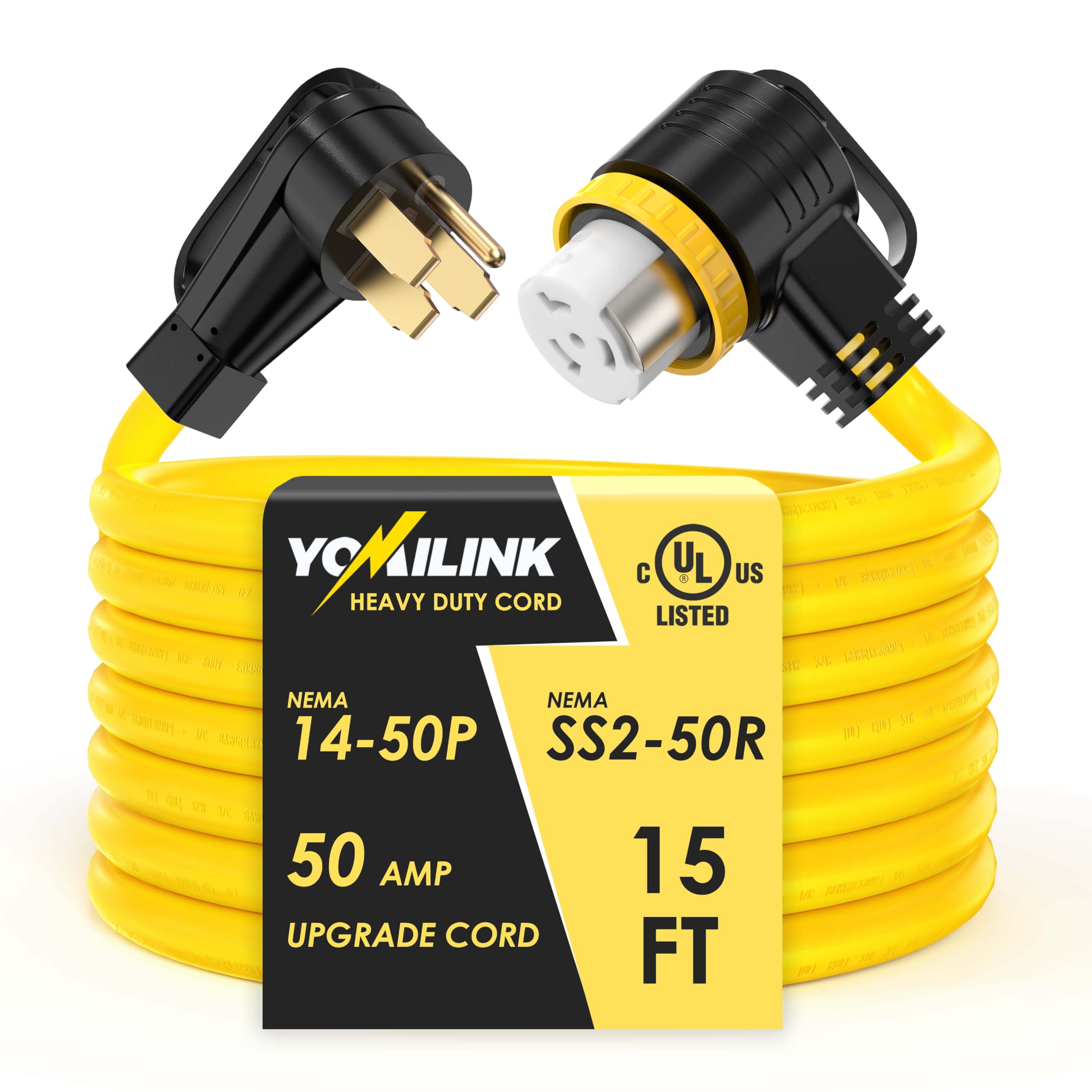 YOMILINK 15 Feet 50 Amp RV/Generator Cord, UL Listed, Locking Connector, NEMA 14-50P to SS2-50R Twist Locking, Newly Designed 90