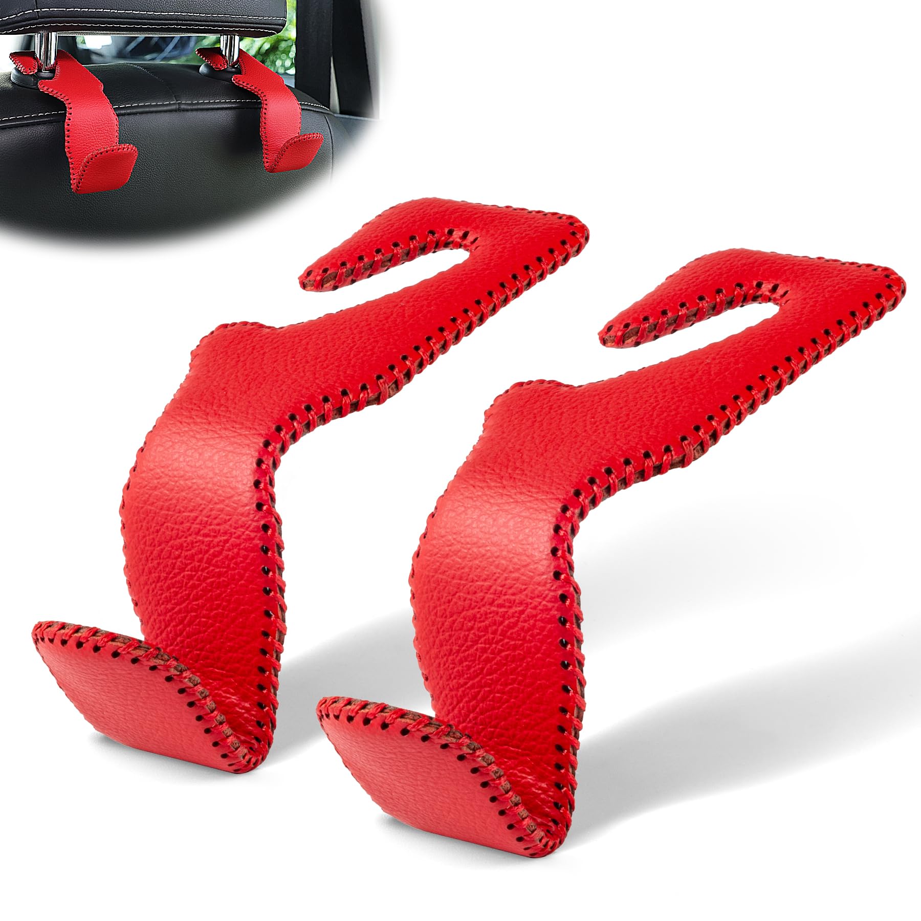 Livtee Red Superior Leather Car Seat Back Headrest Hook, Auto Seat Hook Hangers Interior Accessories For Purse Coats Umbrellas G