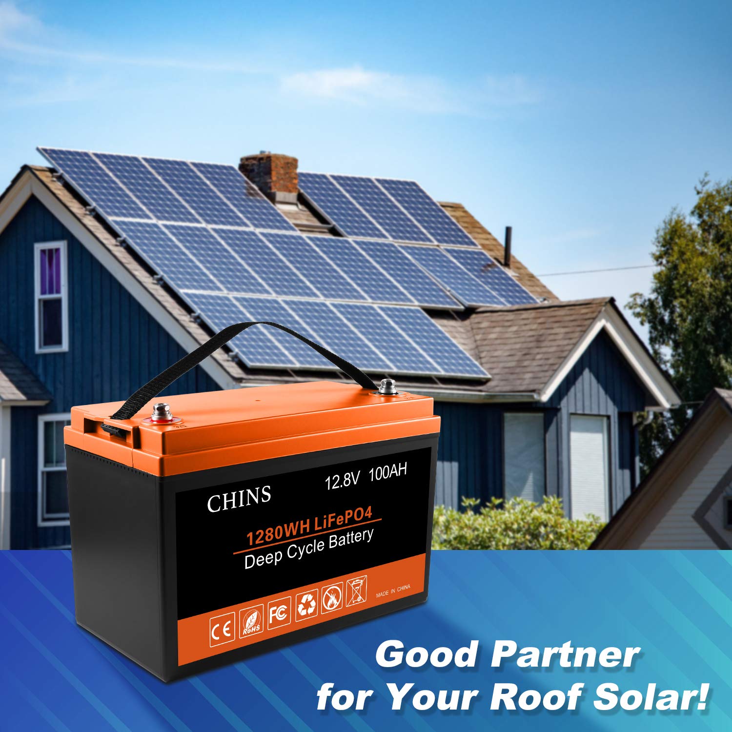 CHINS 12V 100AH LiFePO4 Lithium Battery - 100A BMS, Low-Temp Protection, Ideal for Solar, Marine, RV, Off-Grid, Model LAF