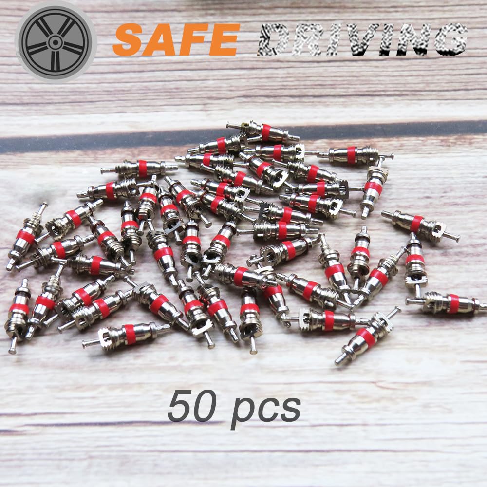 OUGER Premium Tire Valve Core Copper,50 pcs Brass Universal Schrader Valve Stems Cores, Nickel Plated Tire Repair Valve Removal